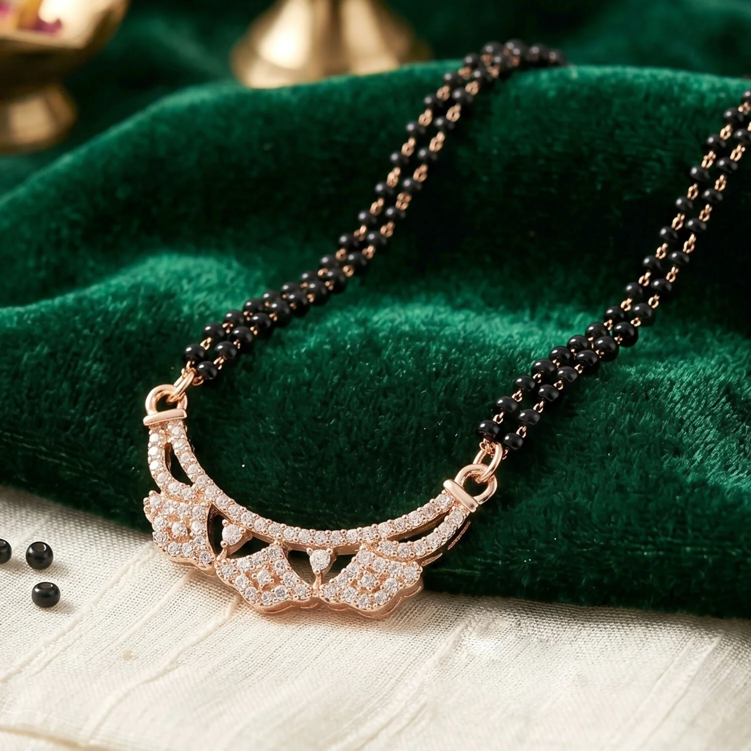 Rose Gold Finish Openwork Floral Petal CZ Pendant Double Strand Mangalsutra - Image 5