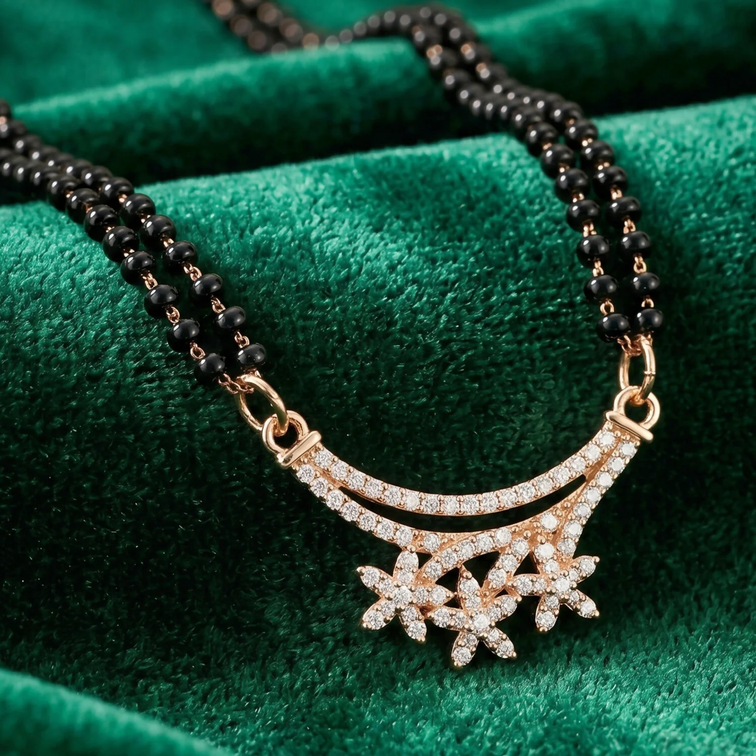 Rose Gold Finish Triple Starburst CZ Cluster Pendant Double Strand Mangalsutra - Image 2