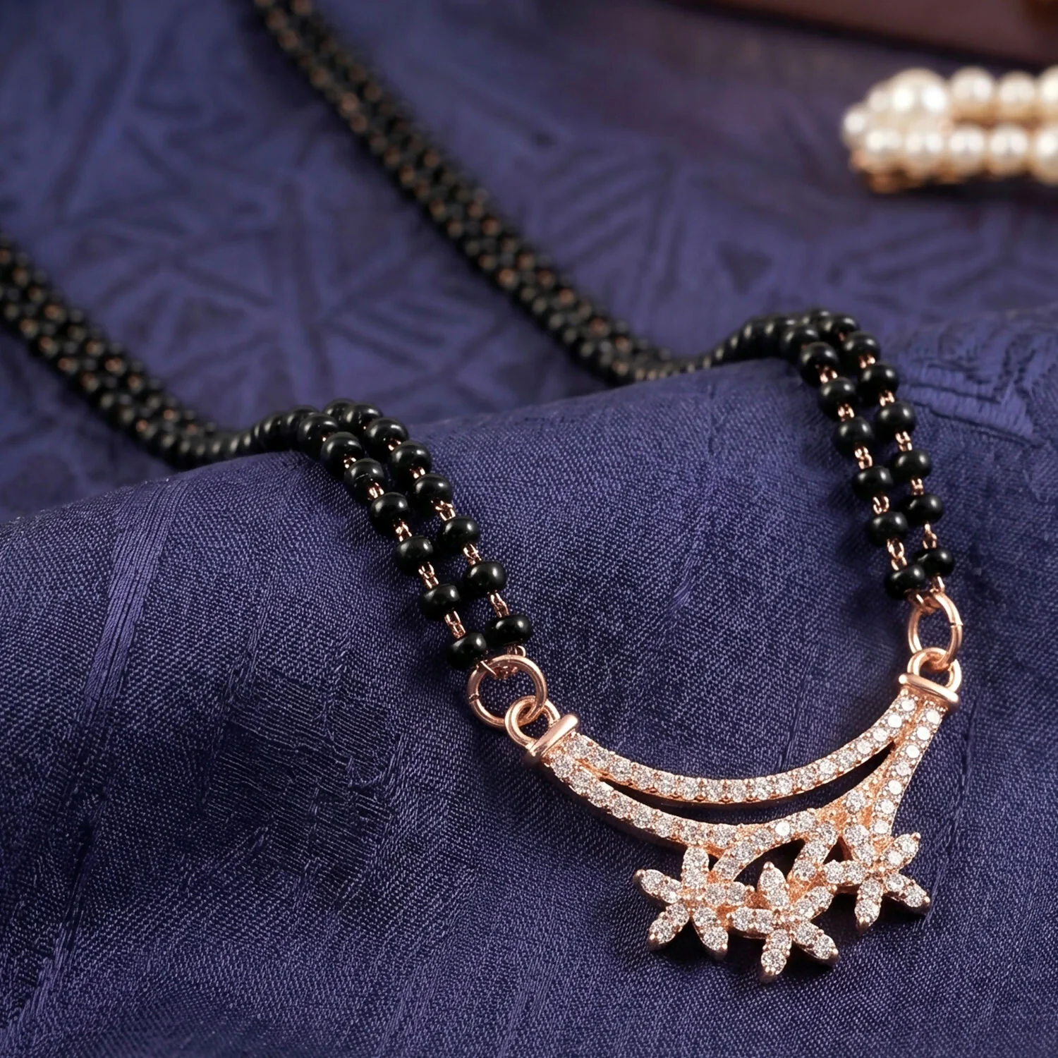 Rose Gold Finish Triple Starburst CZ Cluster Pendant Double Strand Mangalsutra - Image 4
