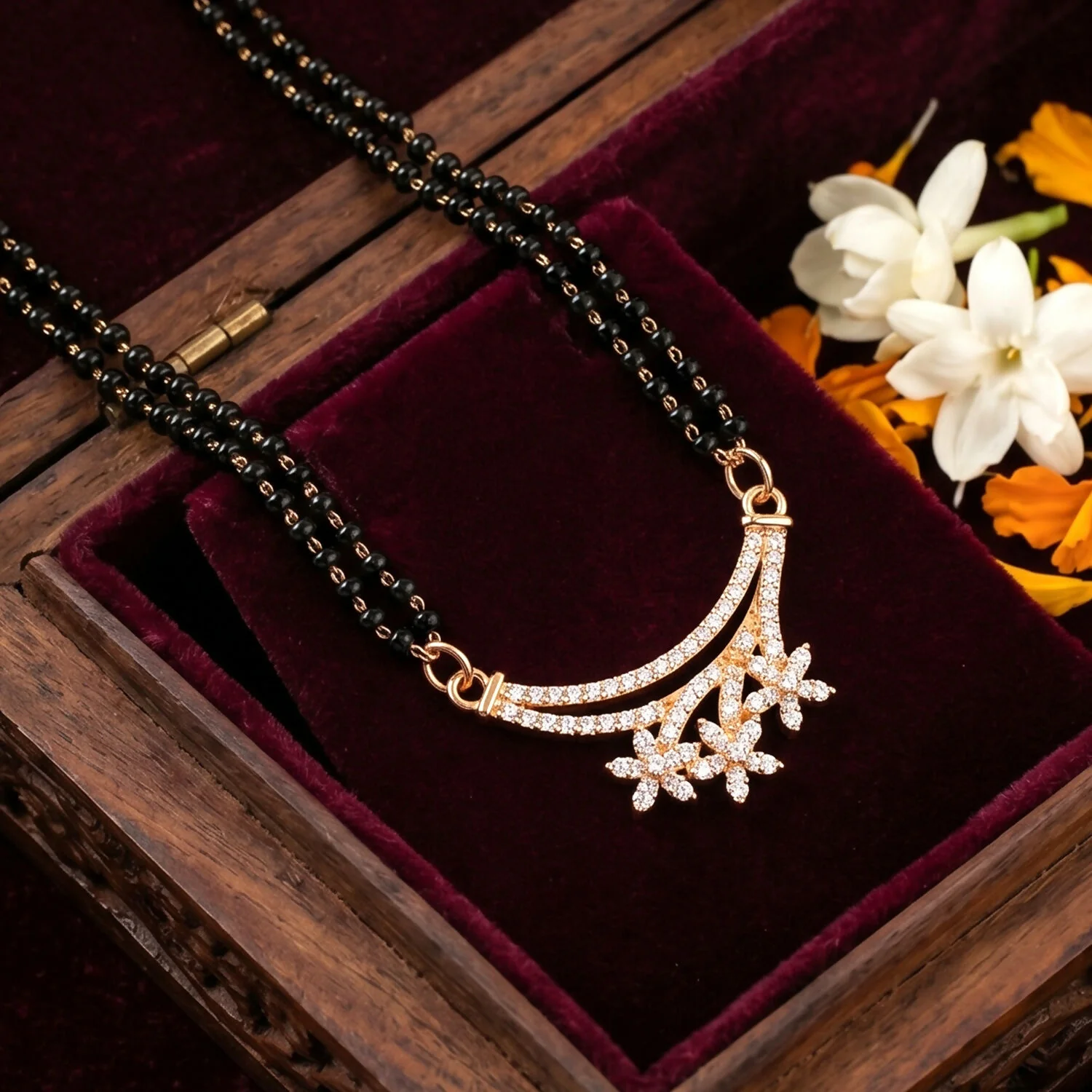 Rose Gold Finish Triple Starburst CZ Cluster Pendant Double Strand Mangalsutra - Image 5