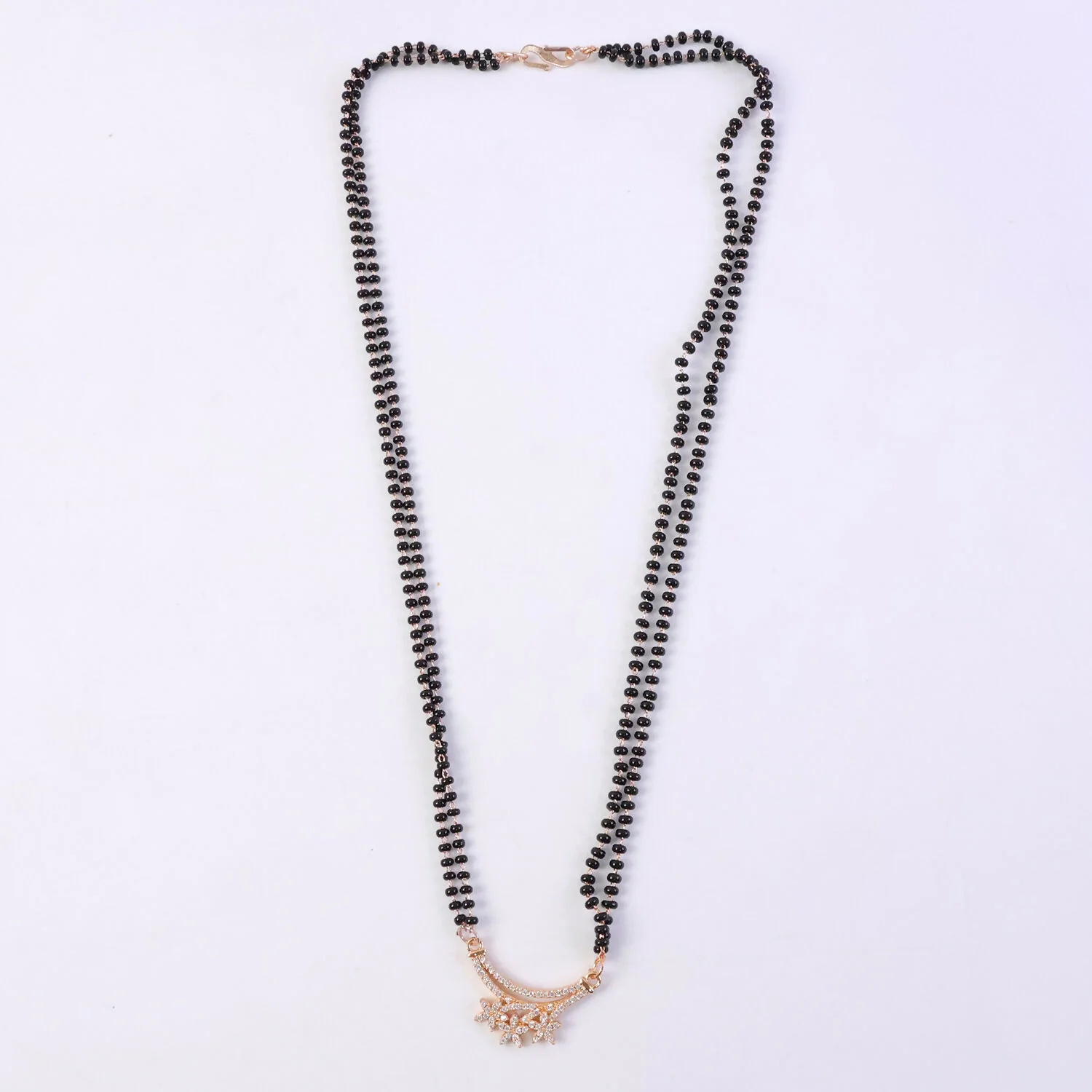 Rose Gold Finish Triple Starburst CZ Cluster Pendant Double Strand Mangalsutra - Image 6