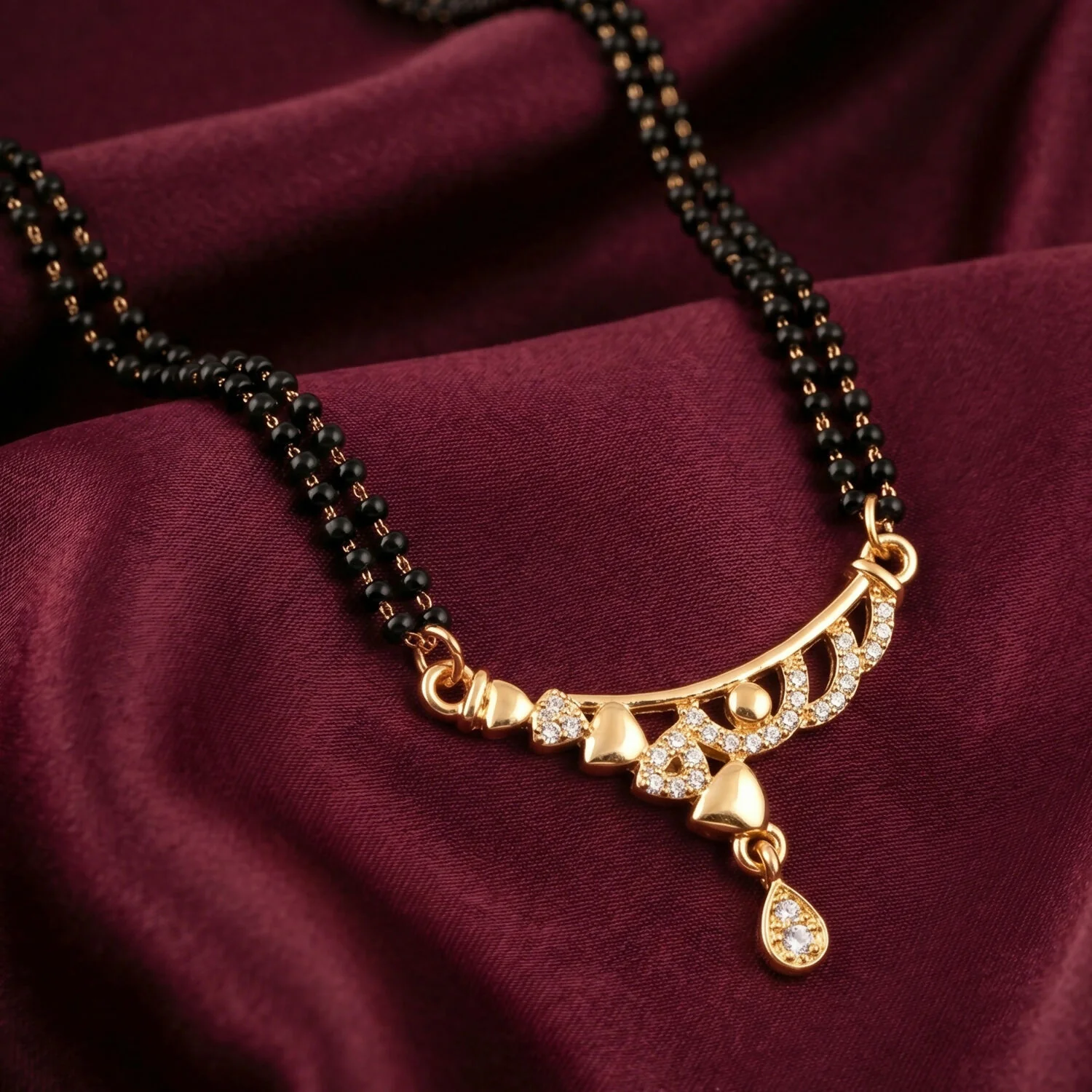 Rose Gold Finish Triple Strand Heart Charms & CZ Bar Mangalsutra with Teardrop Drop - Image 2