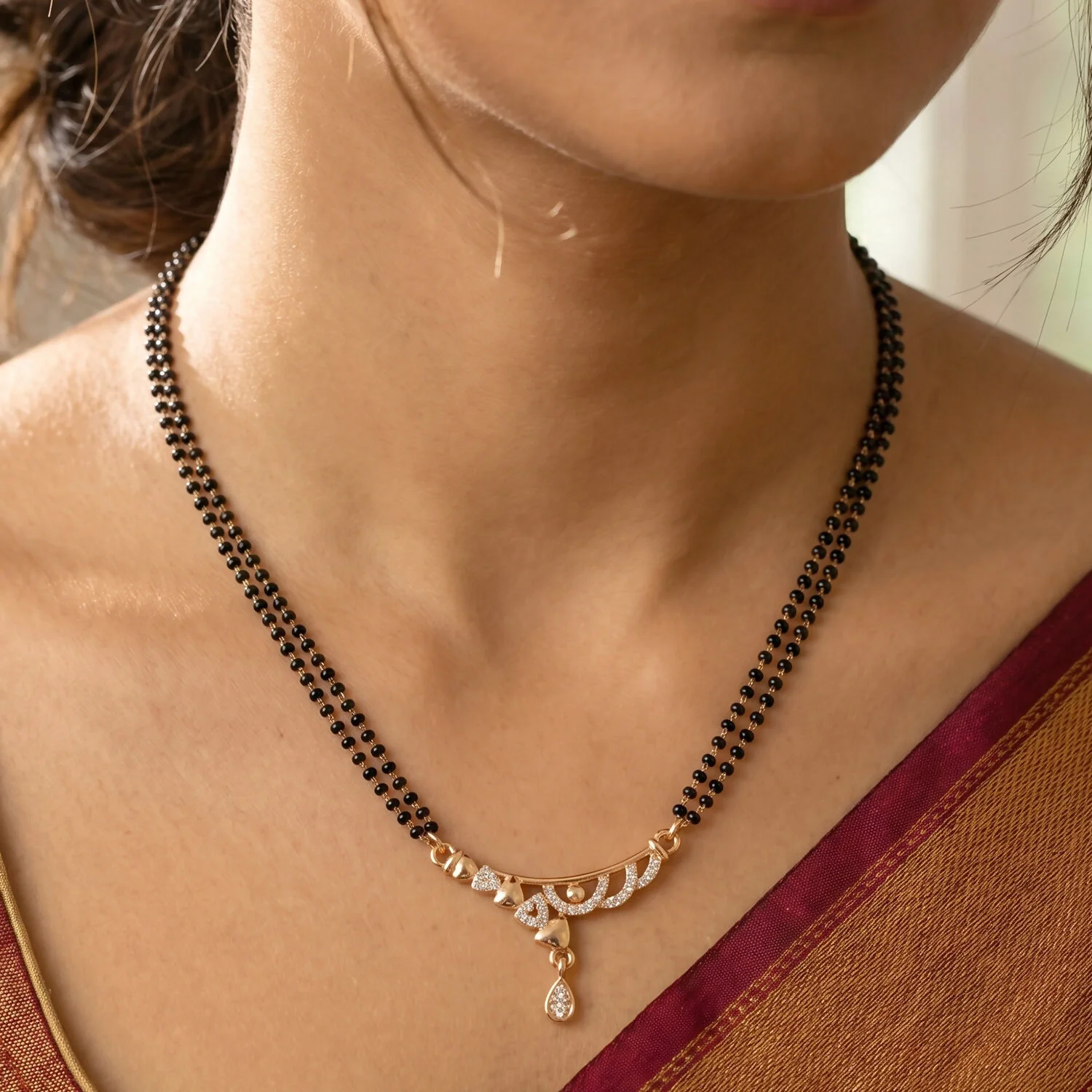 Rose Gold Finish Triple Strand Heart Charms & CZ Bar Mangalsutra with Teardrop Drop - Image 3