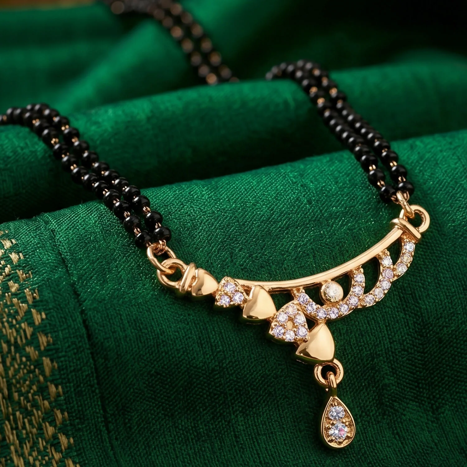 Rose Gold Finish Triple Strand Heart Charms & CZ Bar Mangalsutra with Teardrop Drop - Image 4