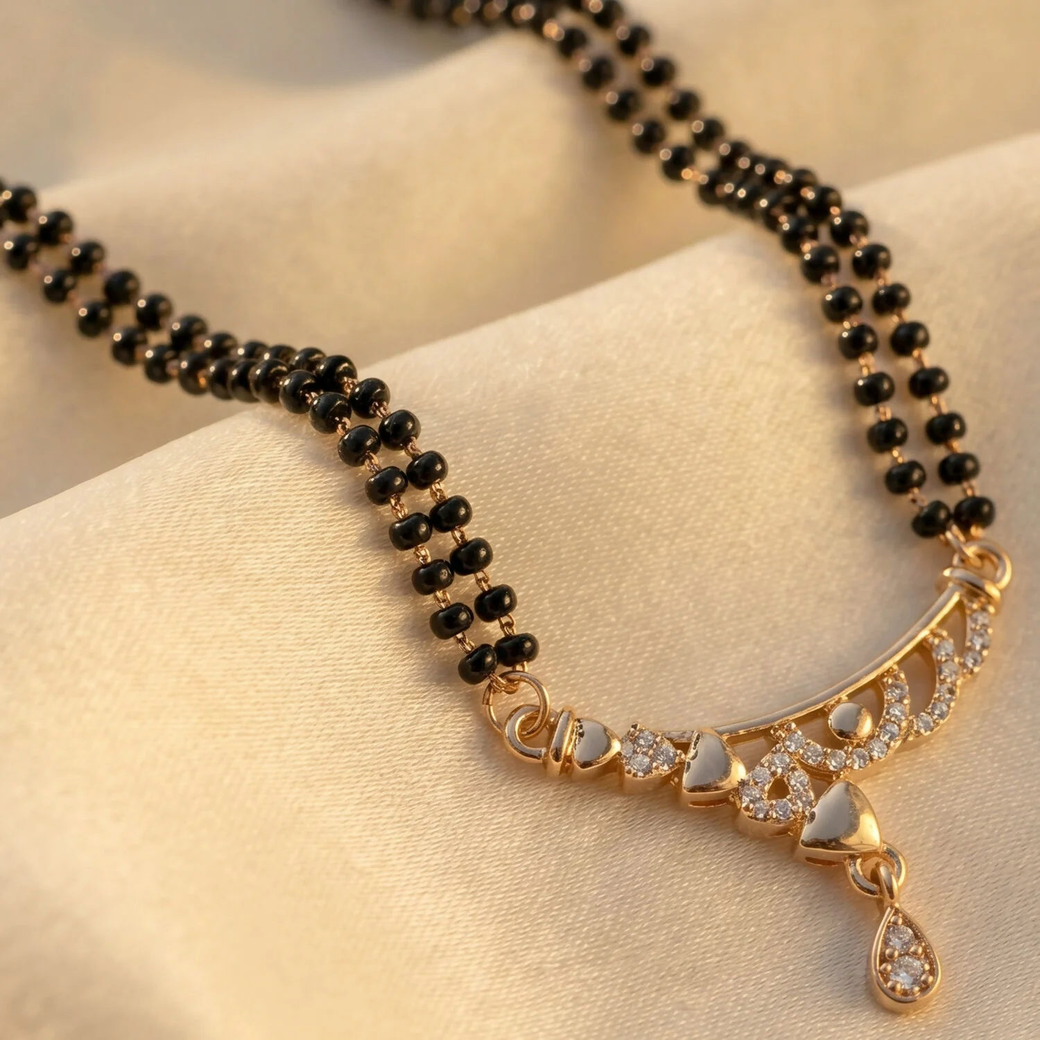 Rose Gold Finish Triple Strand Heart Charms & CZ Bar Mangalsutra with Teardrop Drop - Image 5