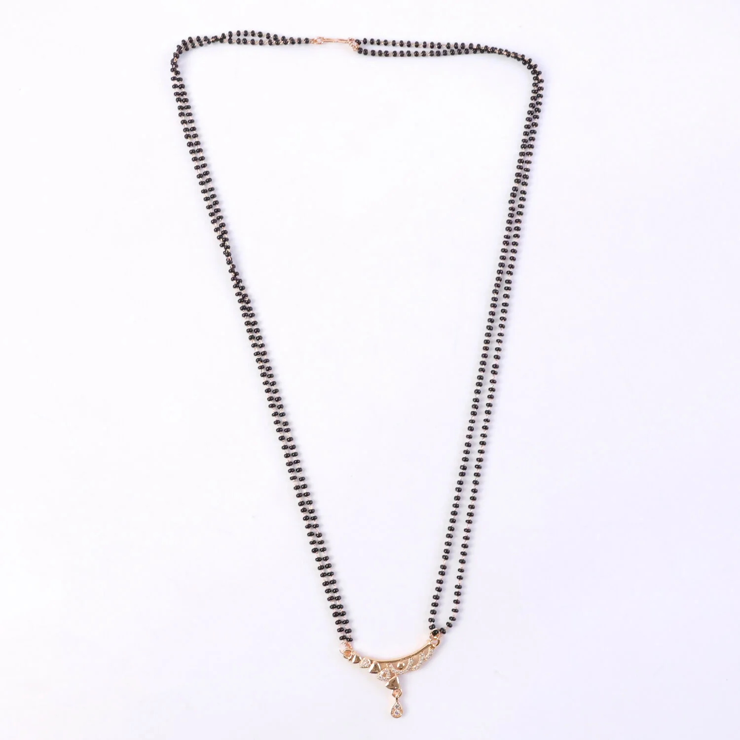 Rose Gold Finish Triple Strand Heart Charms & CZ Bar Mangalsutra with Teardrop Drop - Image 6