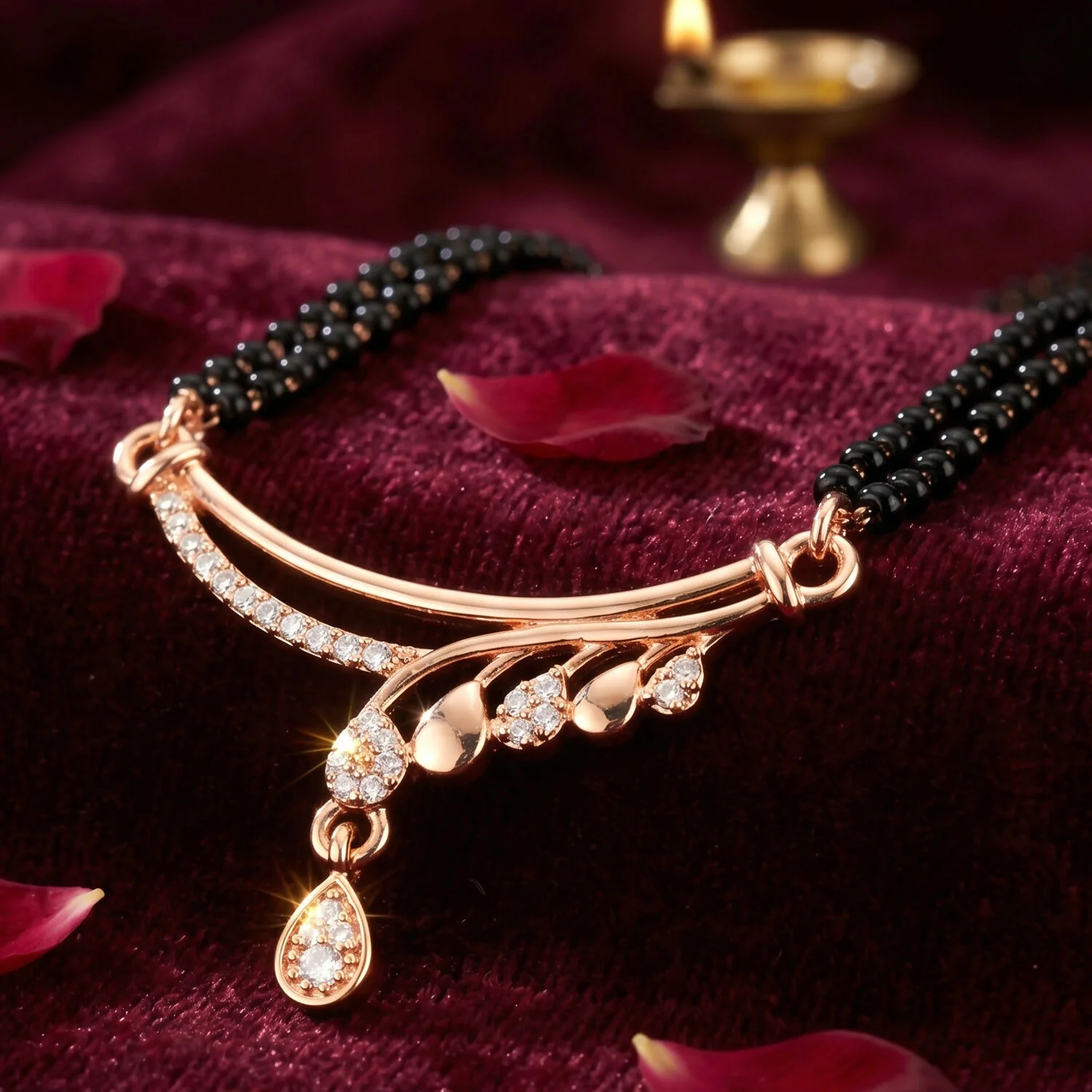 Rose Gold Finish Wave Arc CZ Pendant with Pear Drop Double Strand Mangalsutra - Image 2