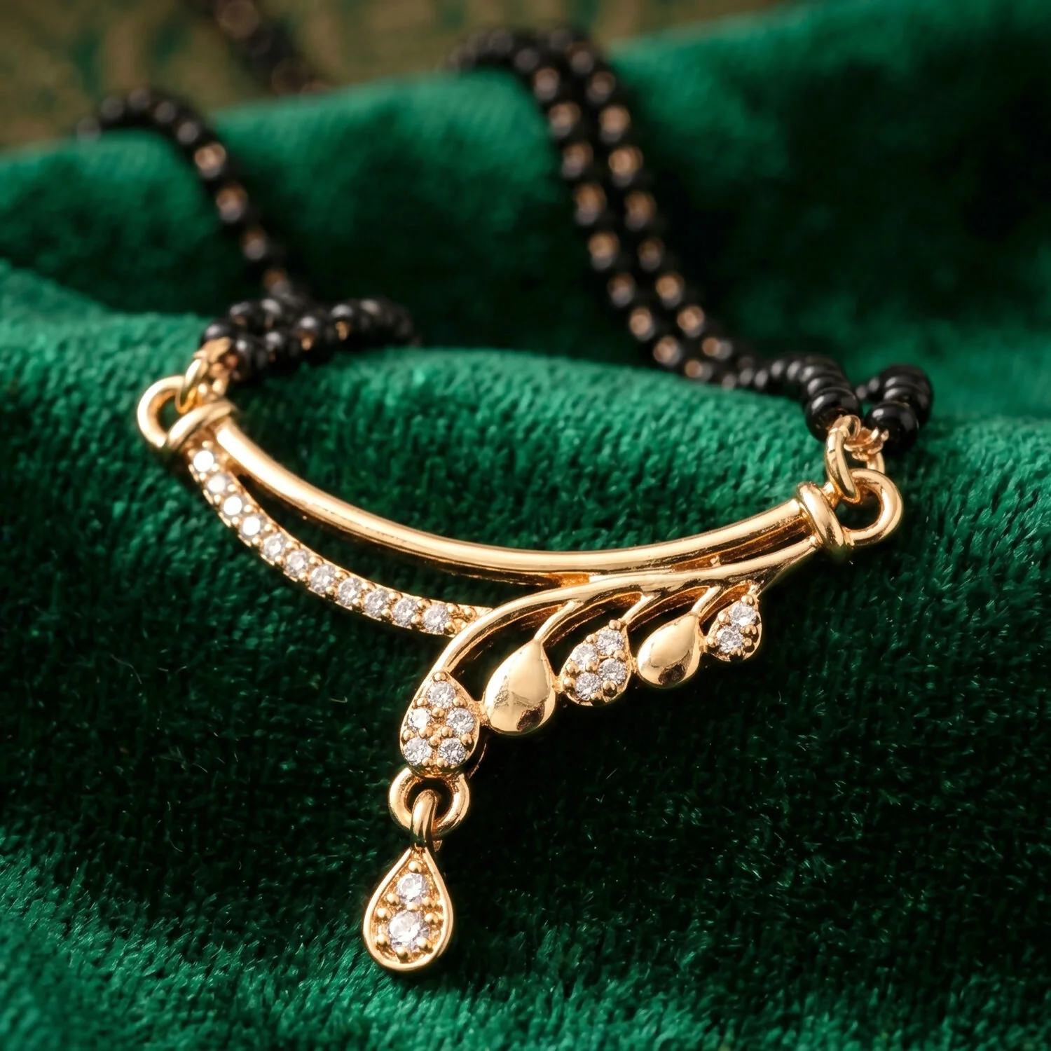 Rose Gold Finish Wave Arc CZ Pendant with Pear Drop Double Strand Mangalsutra - Image 4