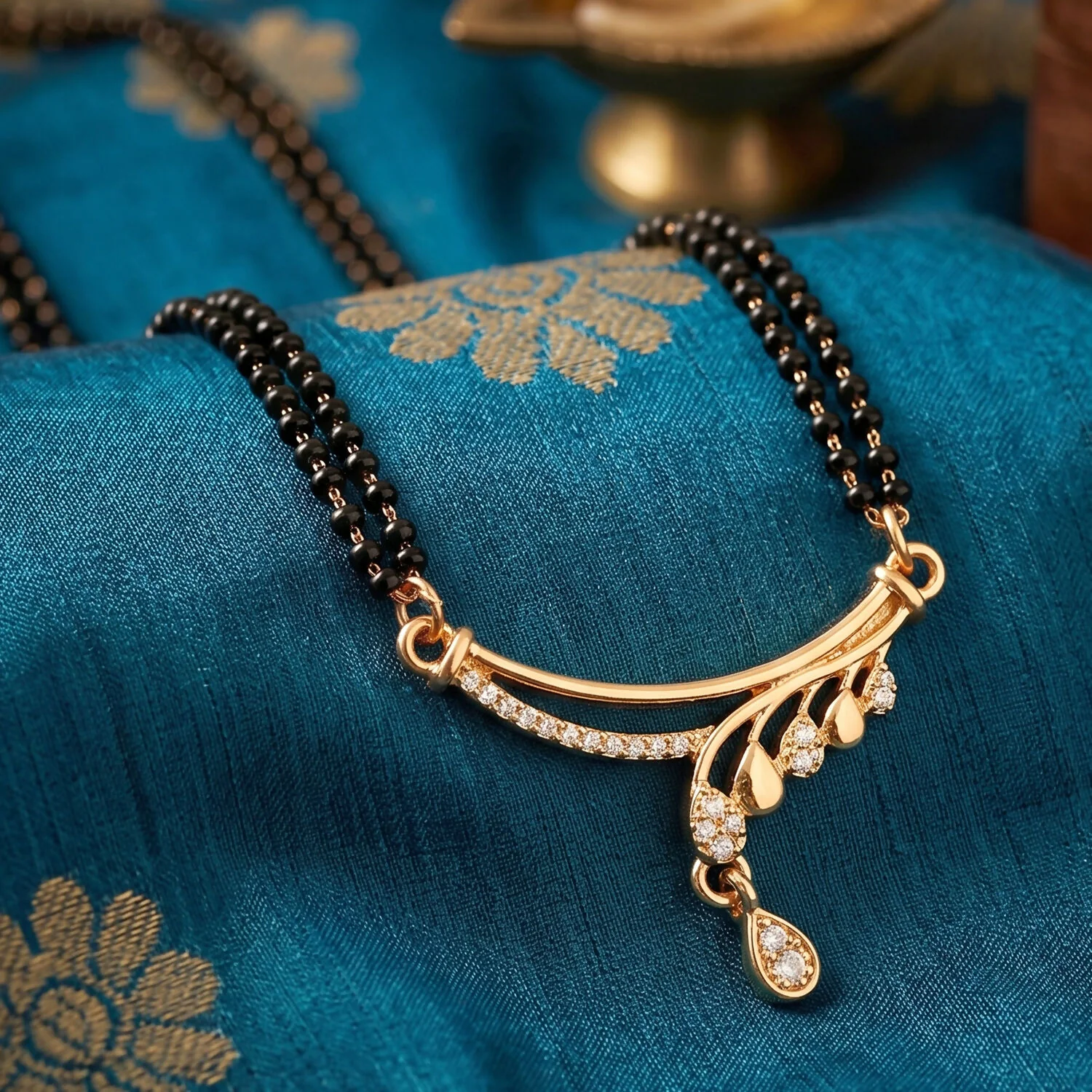 Rose Gold Finish Wave Arc CZ Pendant with Pear Drop Double Strand Mangalsutra - Image 5