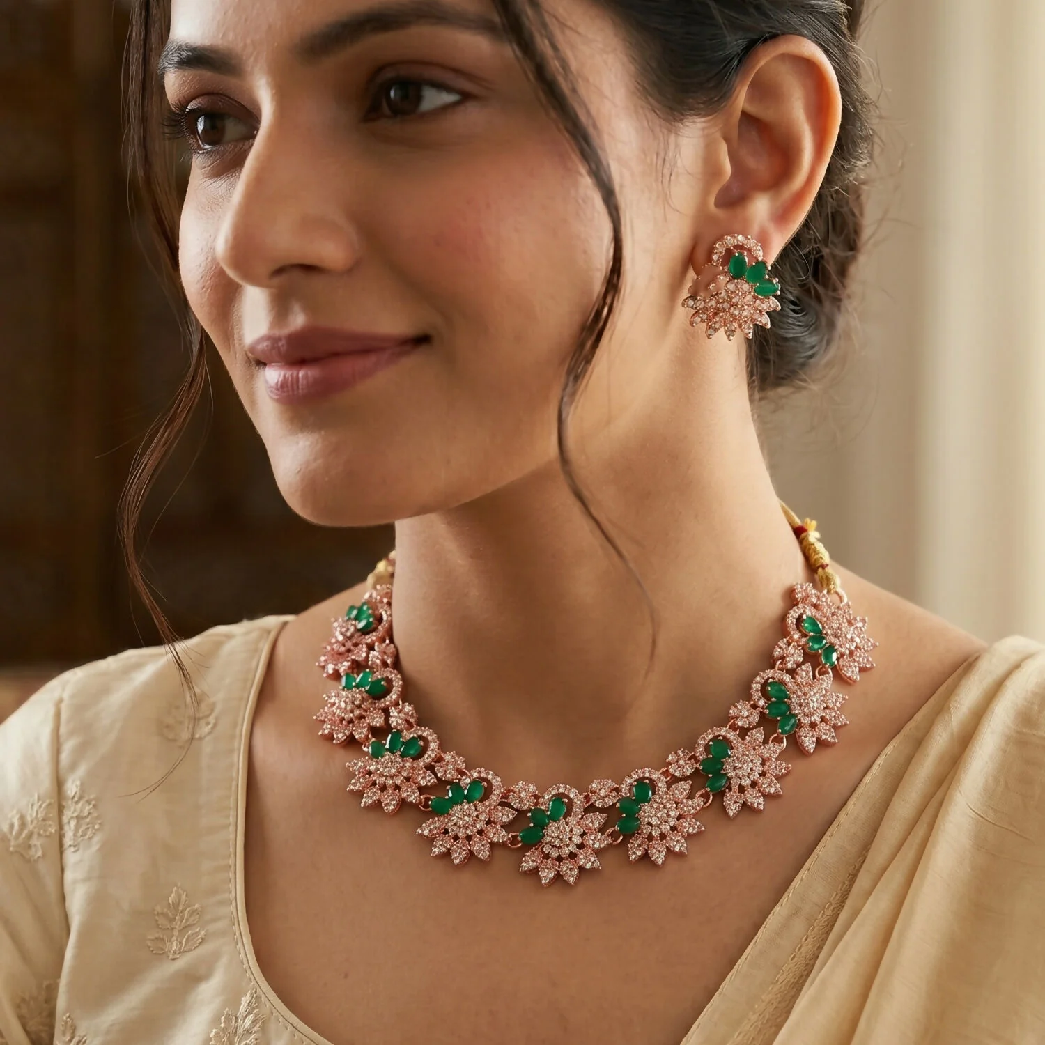 Rose Gold Floral Necklace & Earrings Set with Green Stones - Image 2