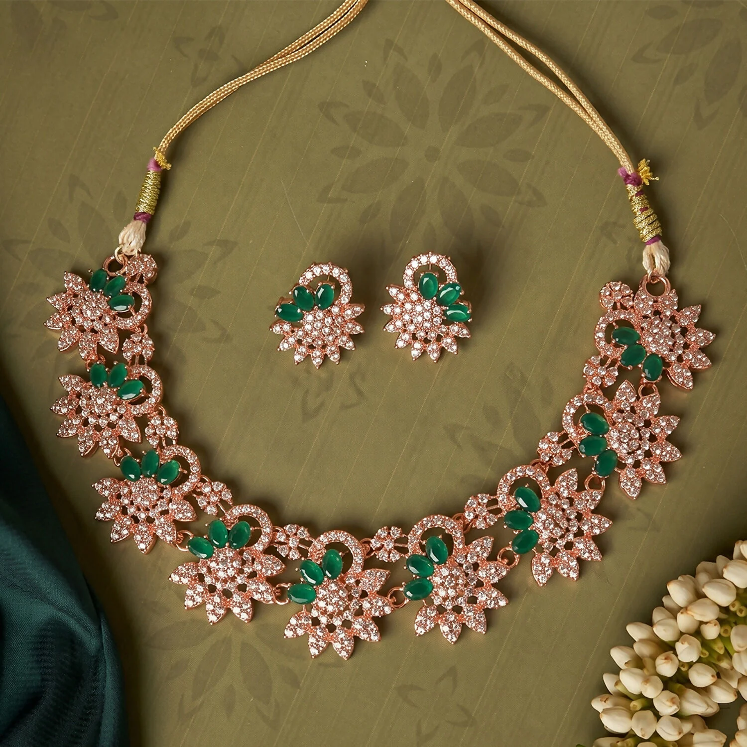 Rose Gold Floral Necklace & Earrings Set with Green Stones - Image 3