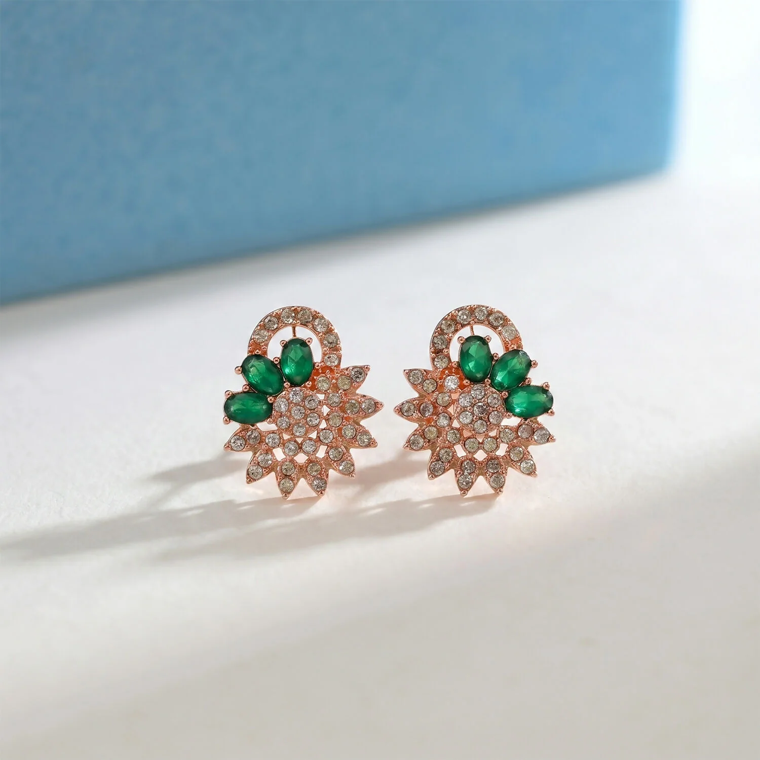 Rose Gold Floral Necklace & Earrings Set with Green Stones - Image 4