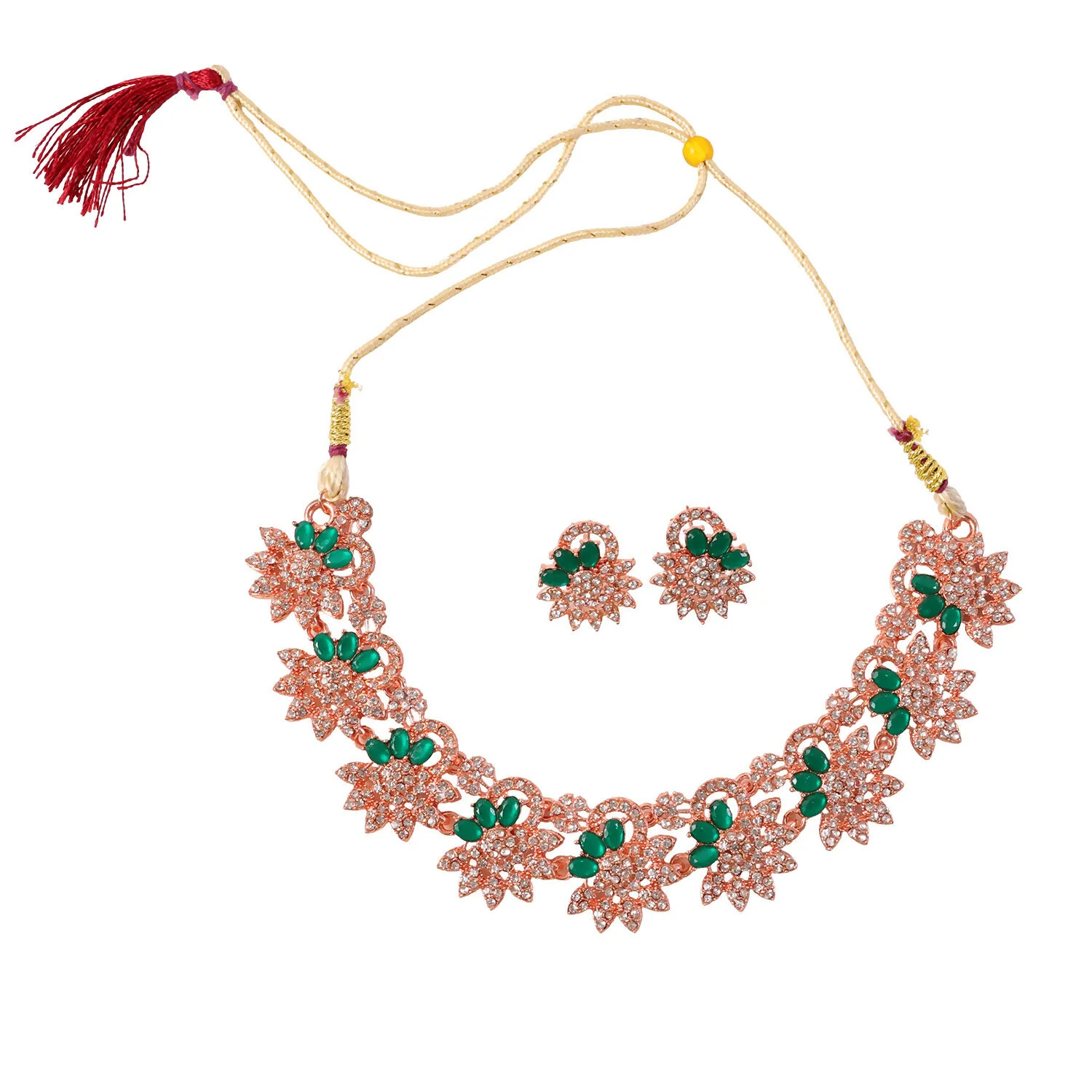 Rose Gold Floral Necklace & Earrings Set with Green Stones - Image 5