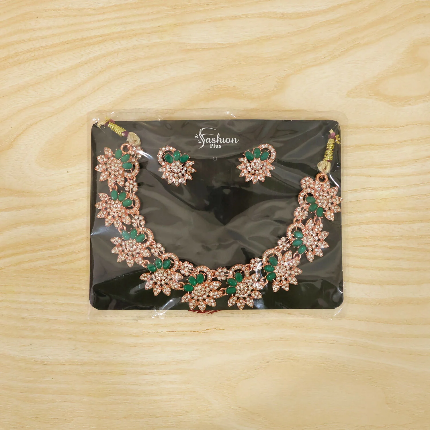 Rose Gold Floral Necklace & Earrings Set with Green Stones - Image 6