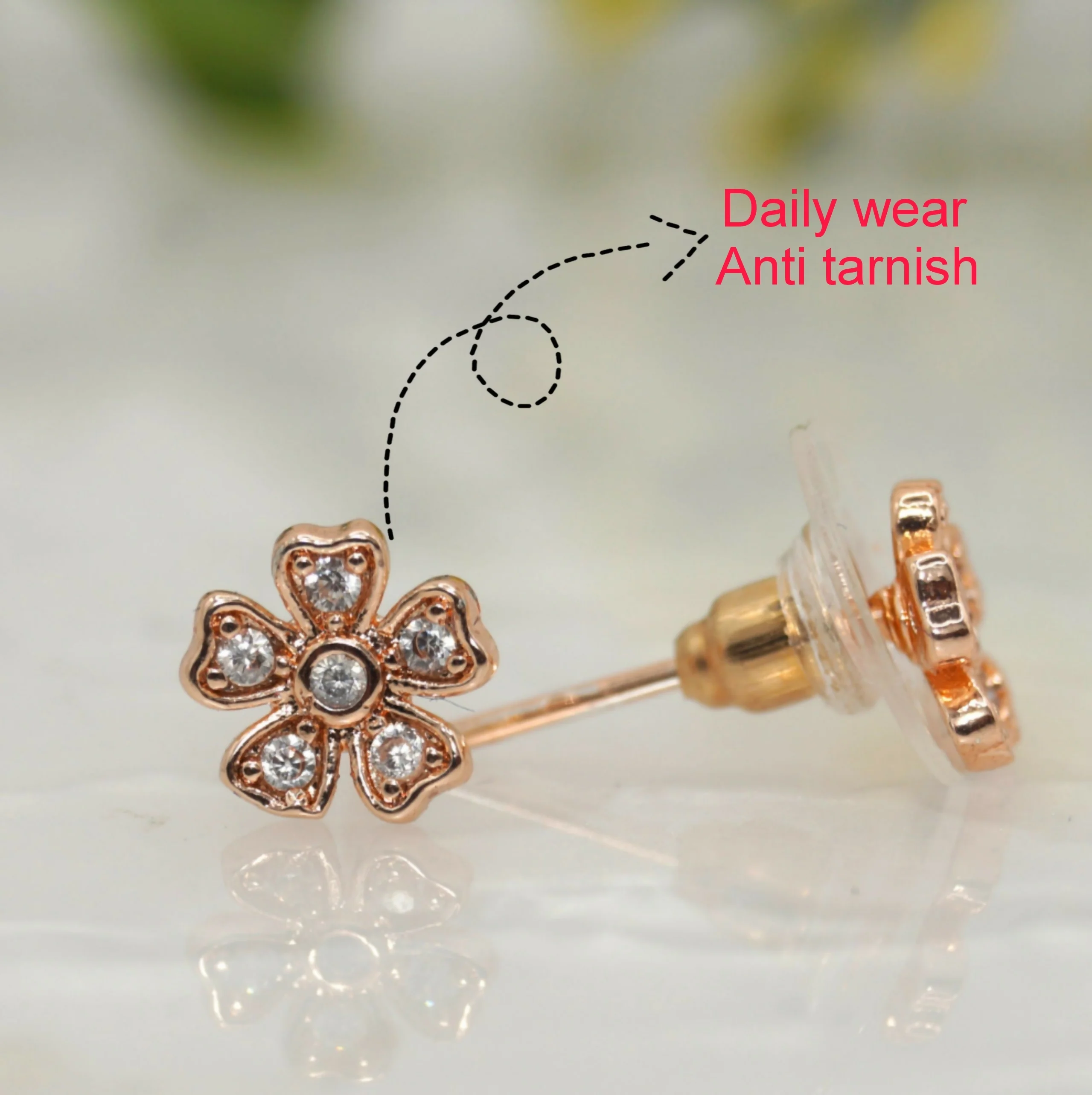 Rose Gold Flower Stud Earrings with AD for women and girls - Image 2
