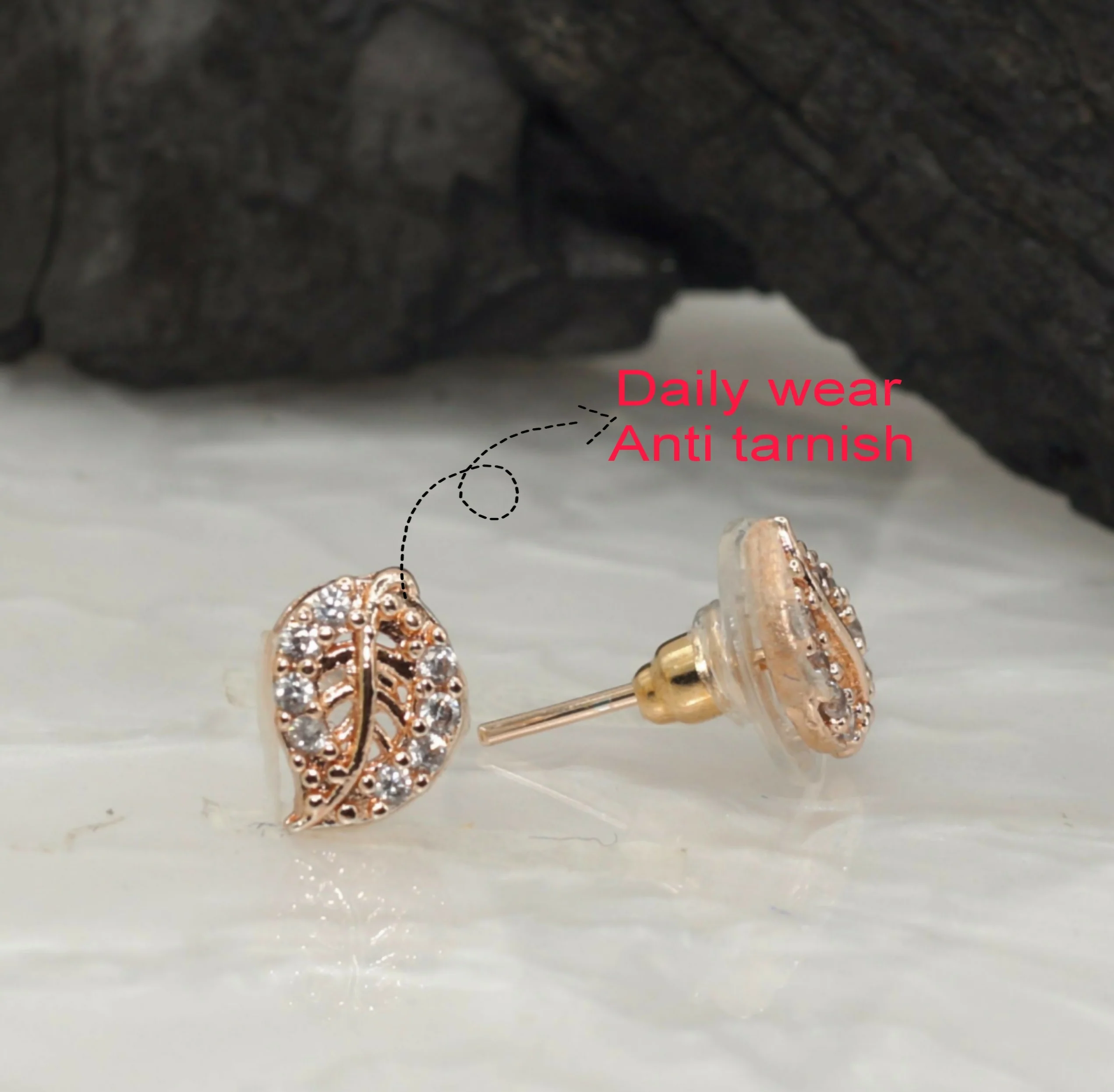 Rose Gold Leaf Stud Earrings with AD for women and girls - Image 2