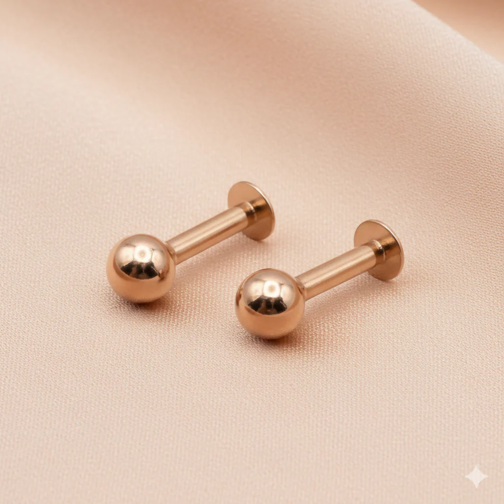 Rose Gold plaated Labret Stud Earrings Flat Back Piercing for women and girls Combo Pack of 2 - Image 2