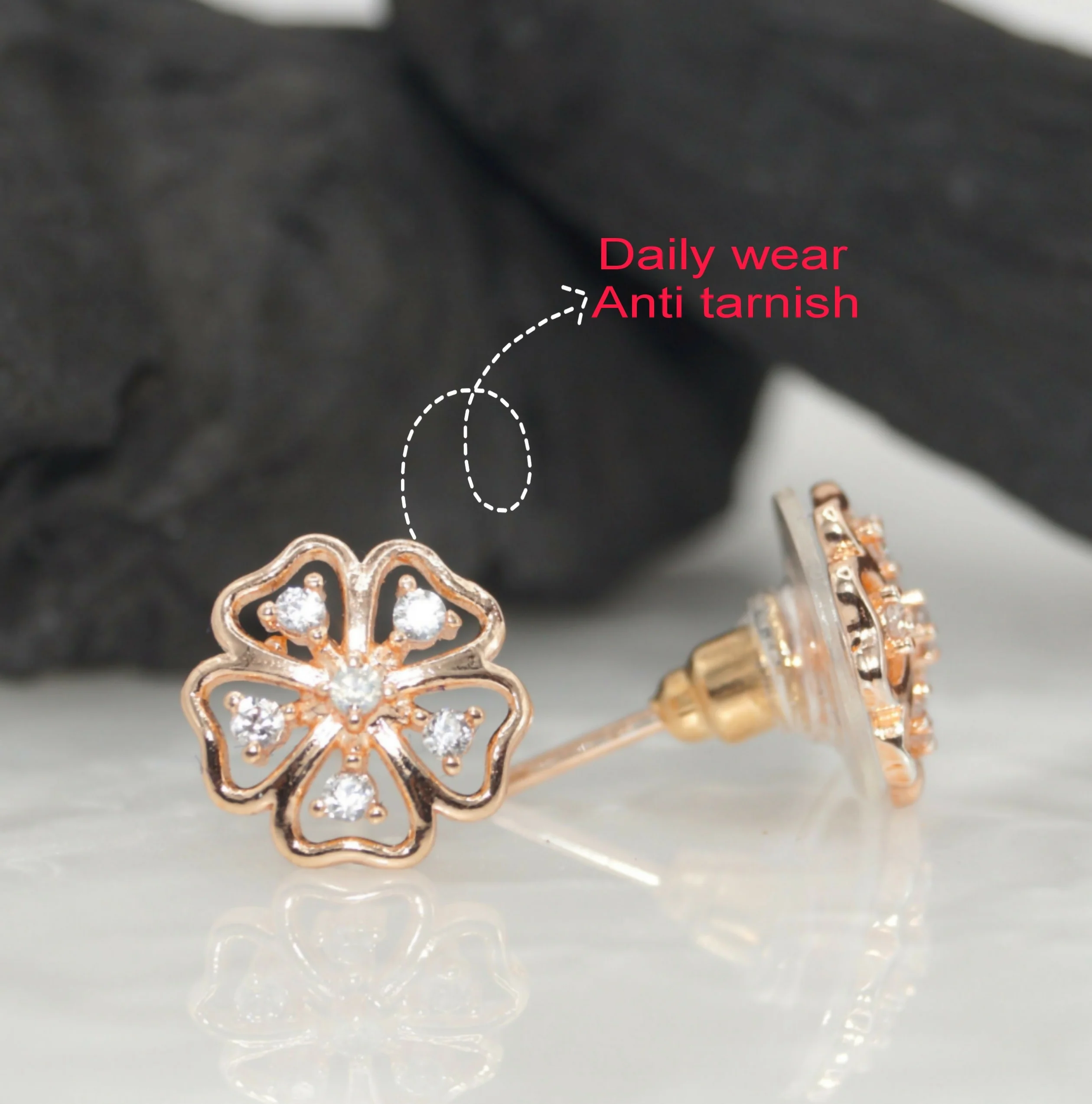 Rose Gold Plated Floral Stud Earrings with AD for women and girls - Image 2