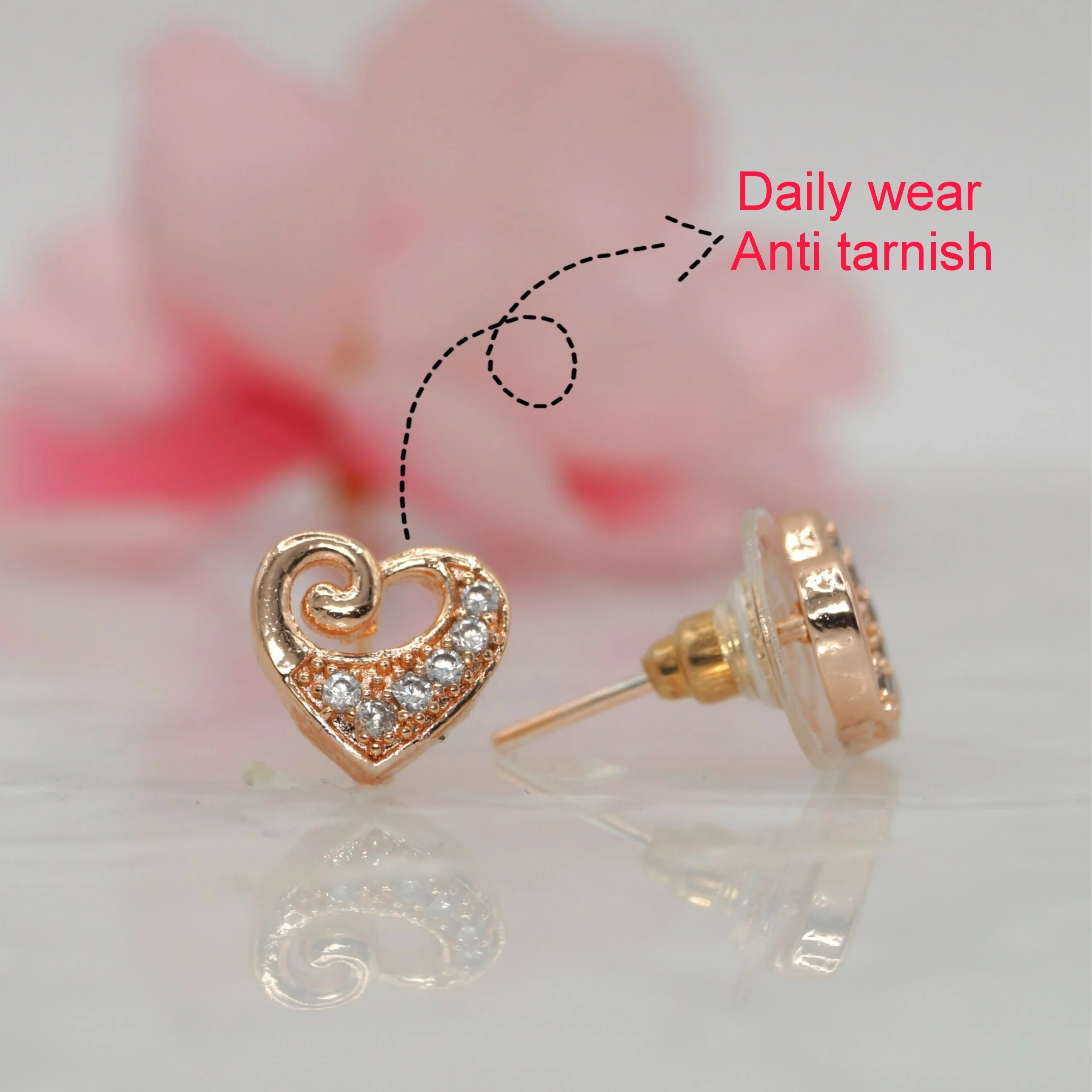 Rose Gold Plated Heart Stud Earrings with AD for women and girls - Image 2