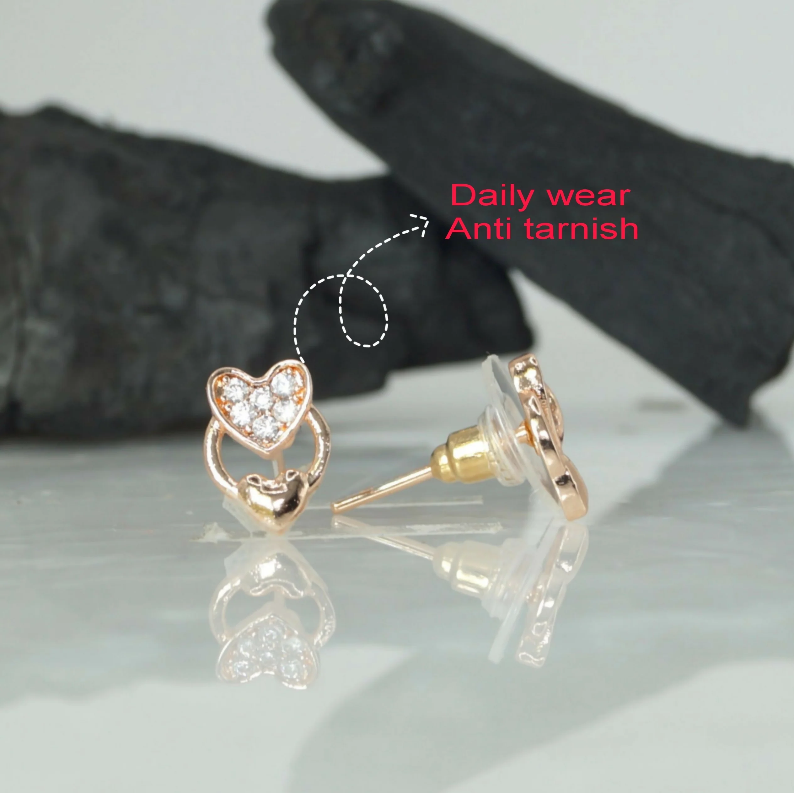 Rose Gold Plated Heart Stud Earrings with for women and girls - Image 2