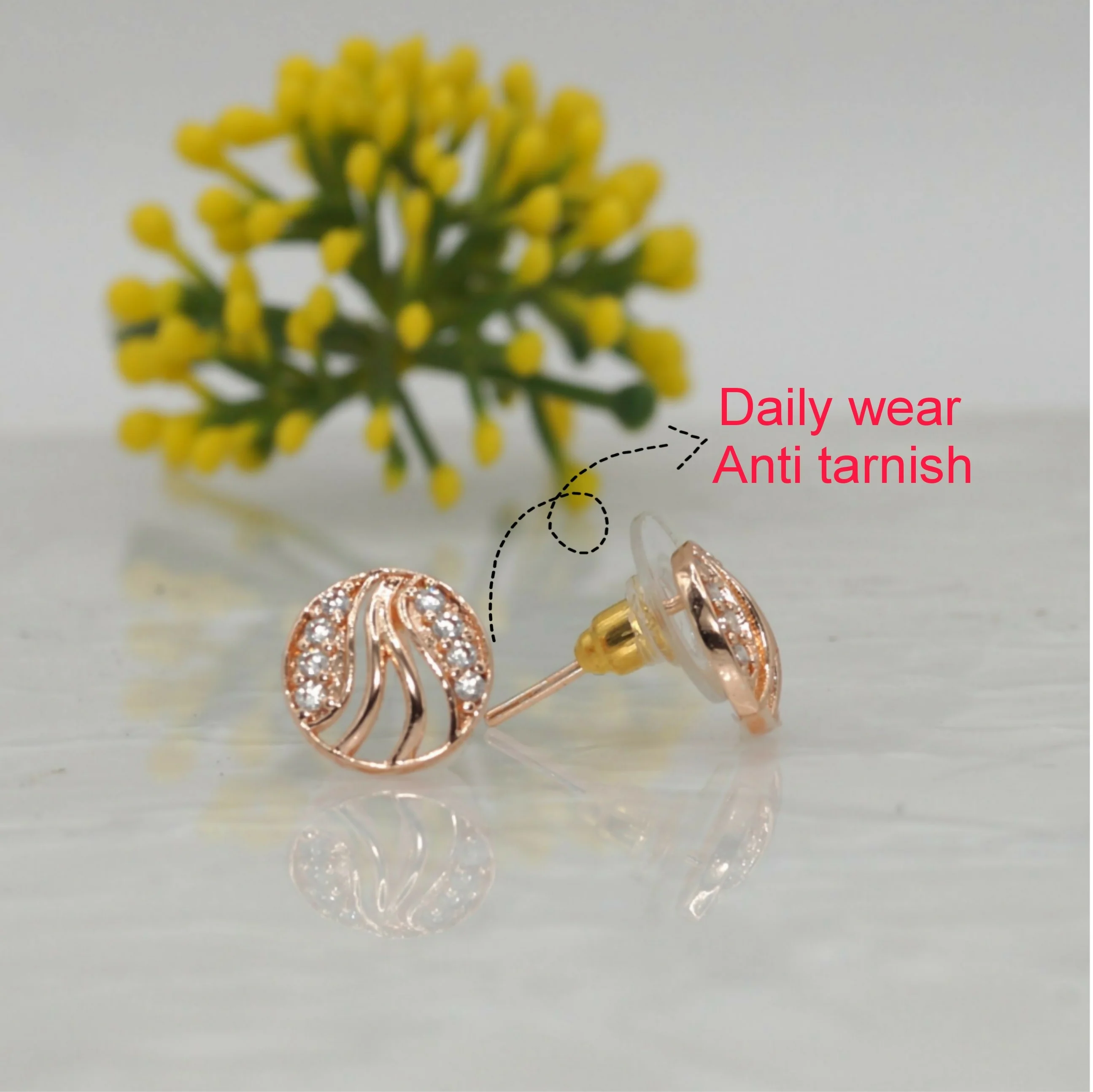 Rose Gold Swirl Stud Earrings with AD Diamonds | Elegant & Modern for women and girls - Image 2