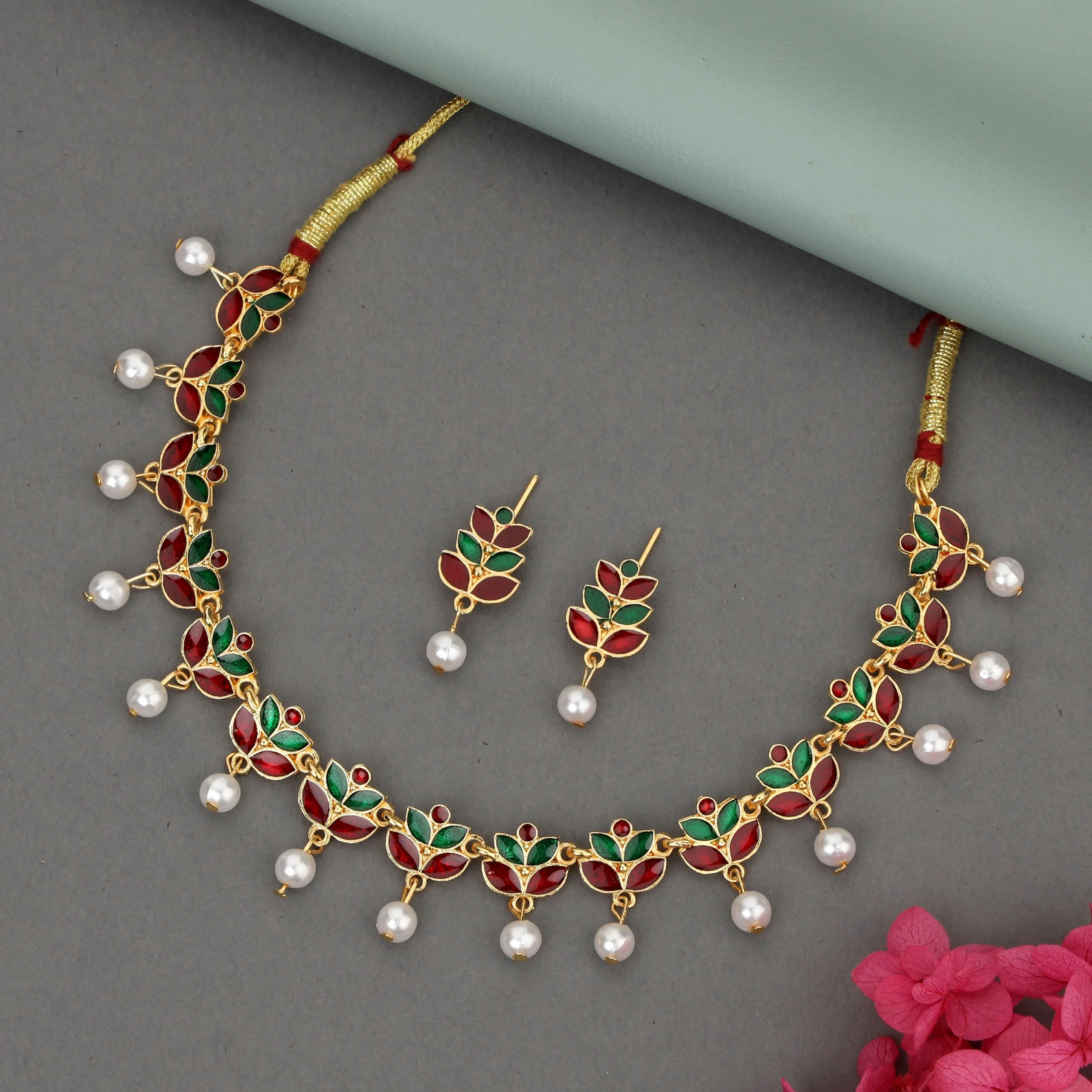 Rose Gold-Tone Bright Red & Green Enamel Lotus Choker Set - Image 3
