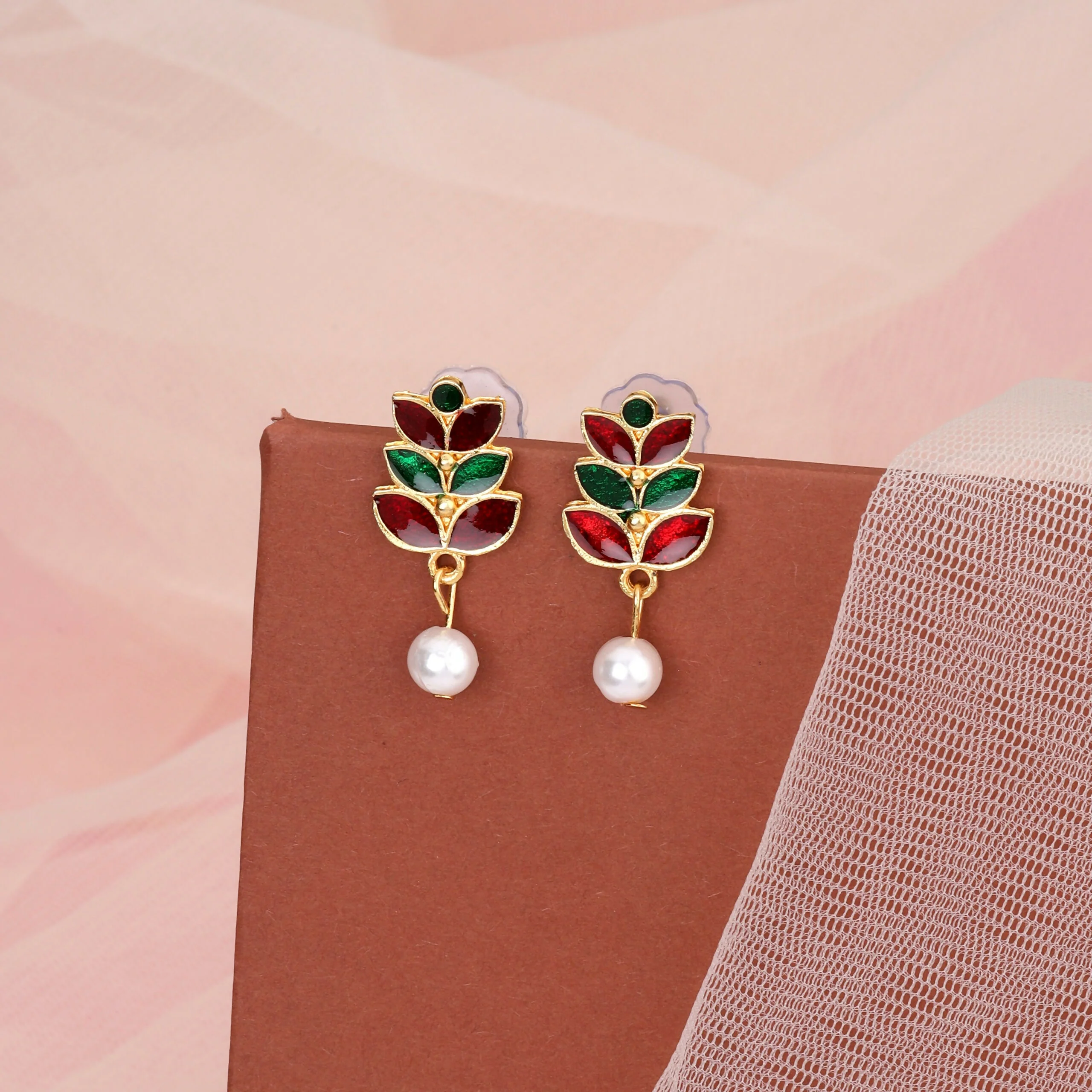 Rose Gold-Tone Bright Red & Green Enamel Lotus Choker Set - Image 4