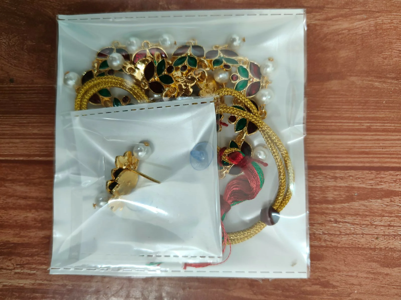 Rose Gold-Tone Bright Red & Green Enamel Lotus Choker Set - Image 5