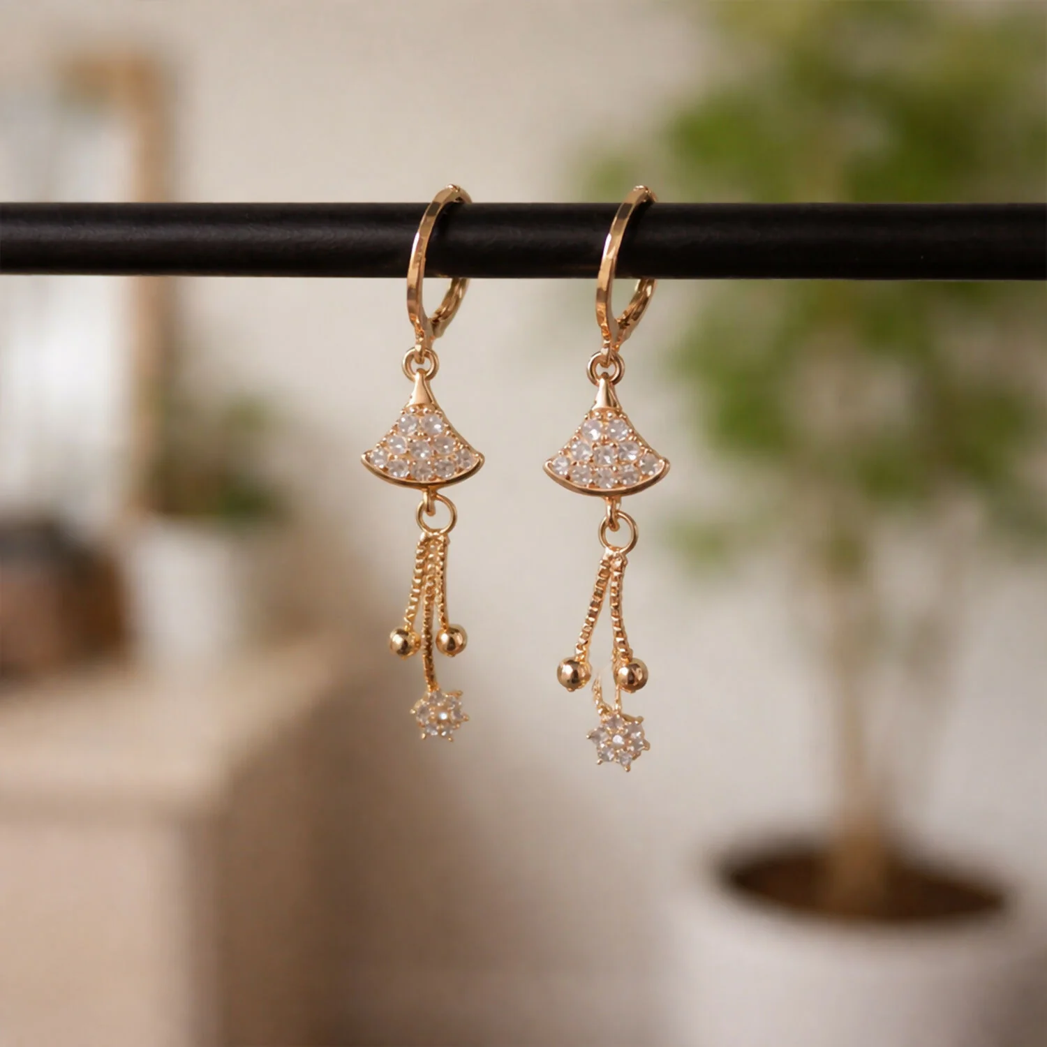 Rose Gold-Tone Crystal Fan Drop Hoop Earrings for Women - Image 2