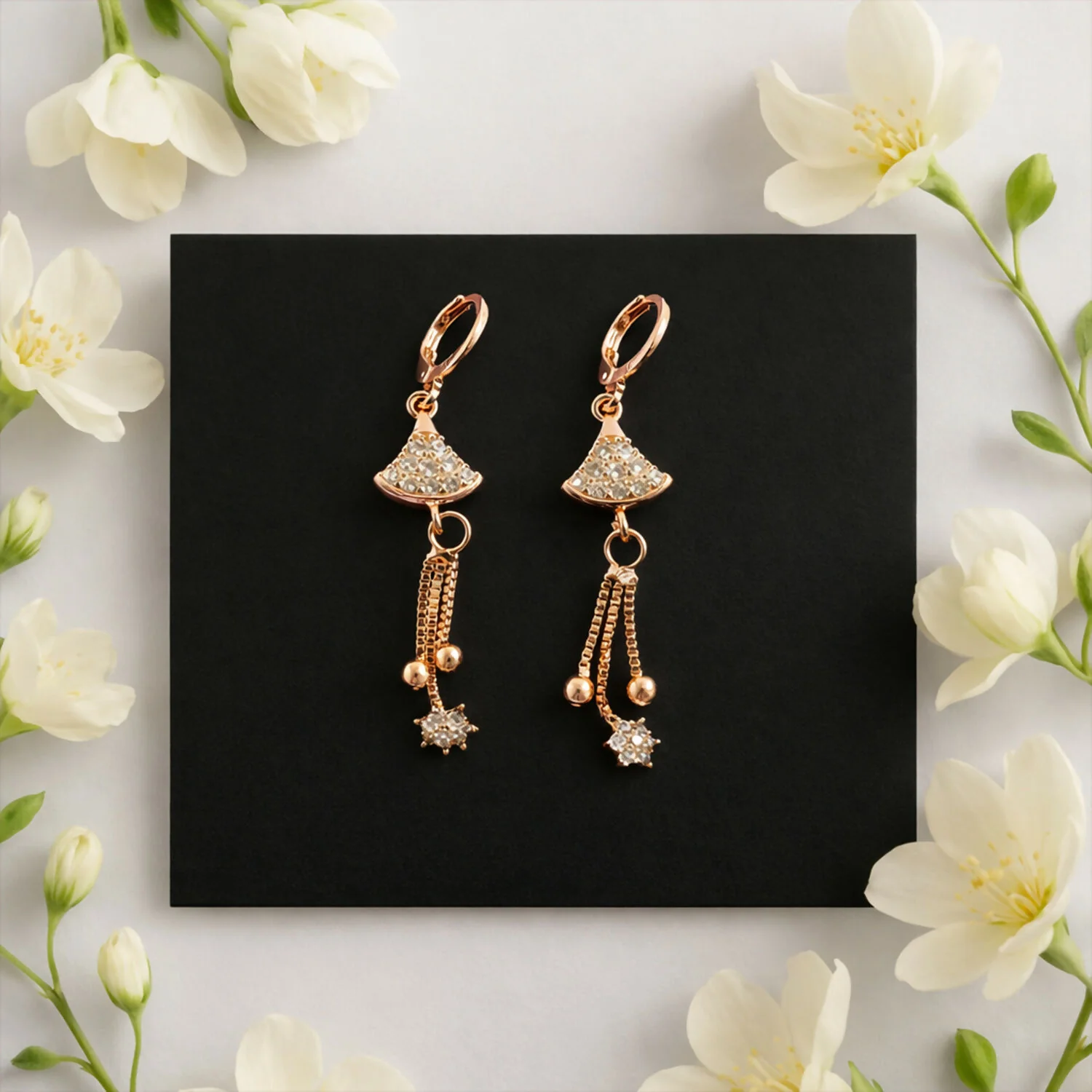 Rose Gold-Tone Crystal Fan Drop Hoop Earrings for Women - Image 3
