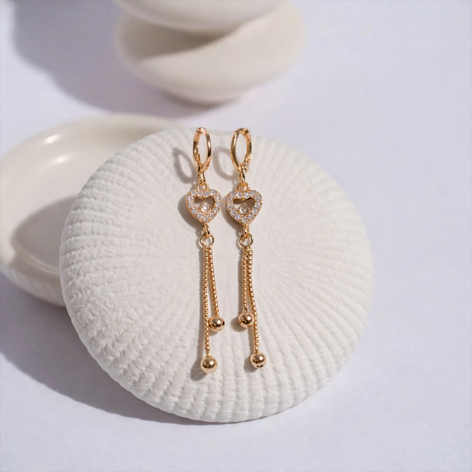 Rose Gold-Tone Crystal Heart Tassel Drop Earrings for Women - Image 2