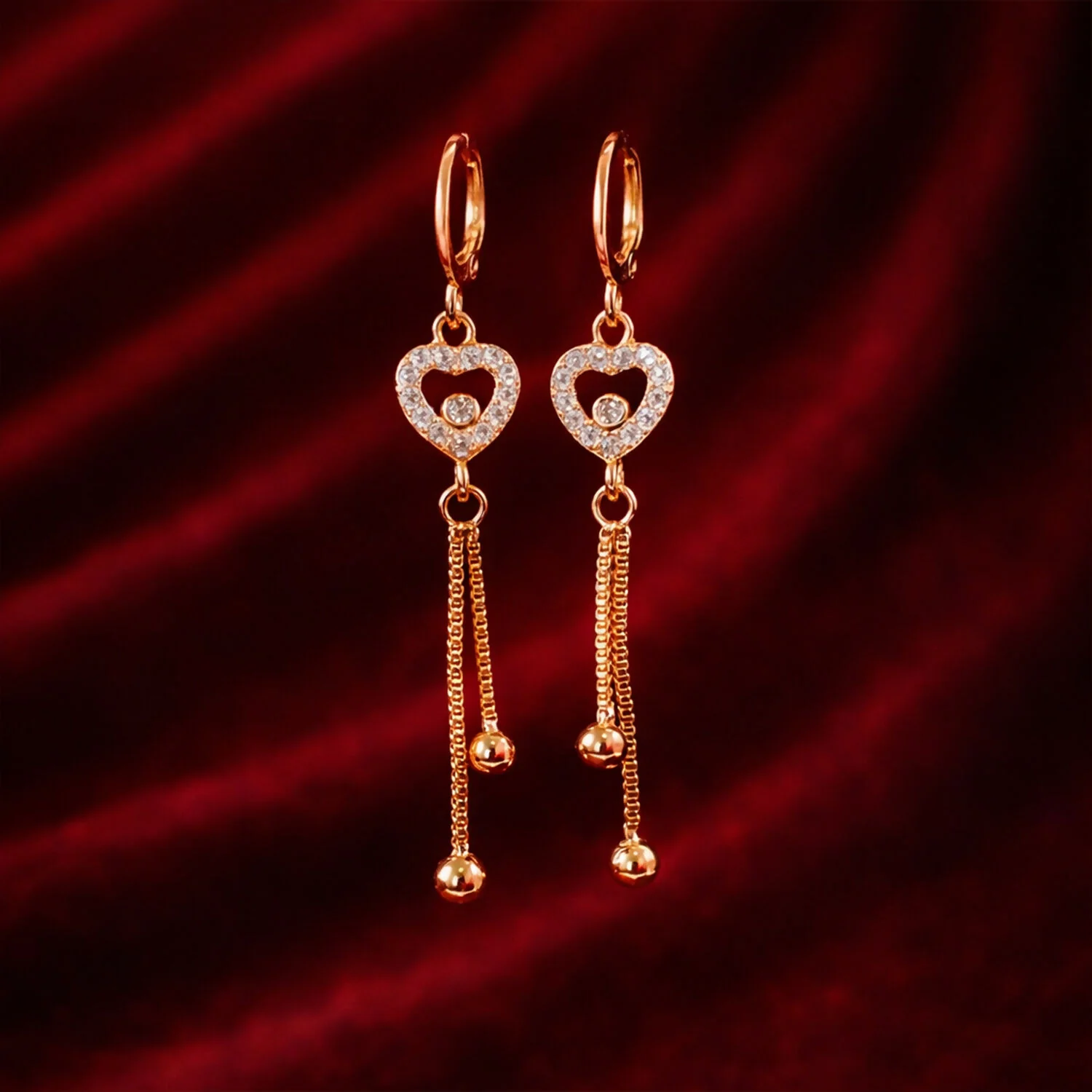 Rose Gold-Tone Crystal Heart Tassel Drop Earrings for Women - Image 3