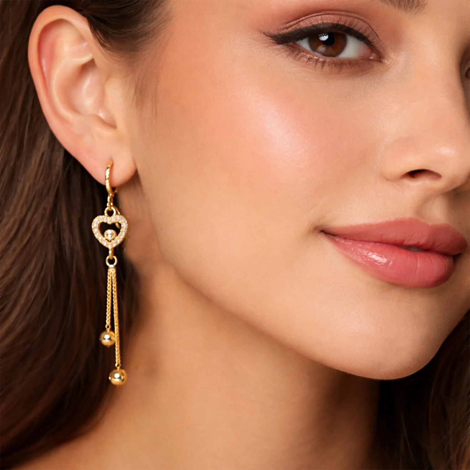 Rose Gold-Tone Crystal Heart Tassel Drop Earrings for Women - Image 4