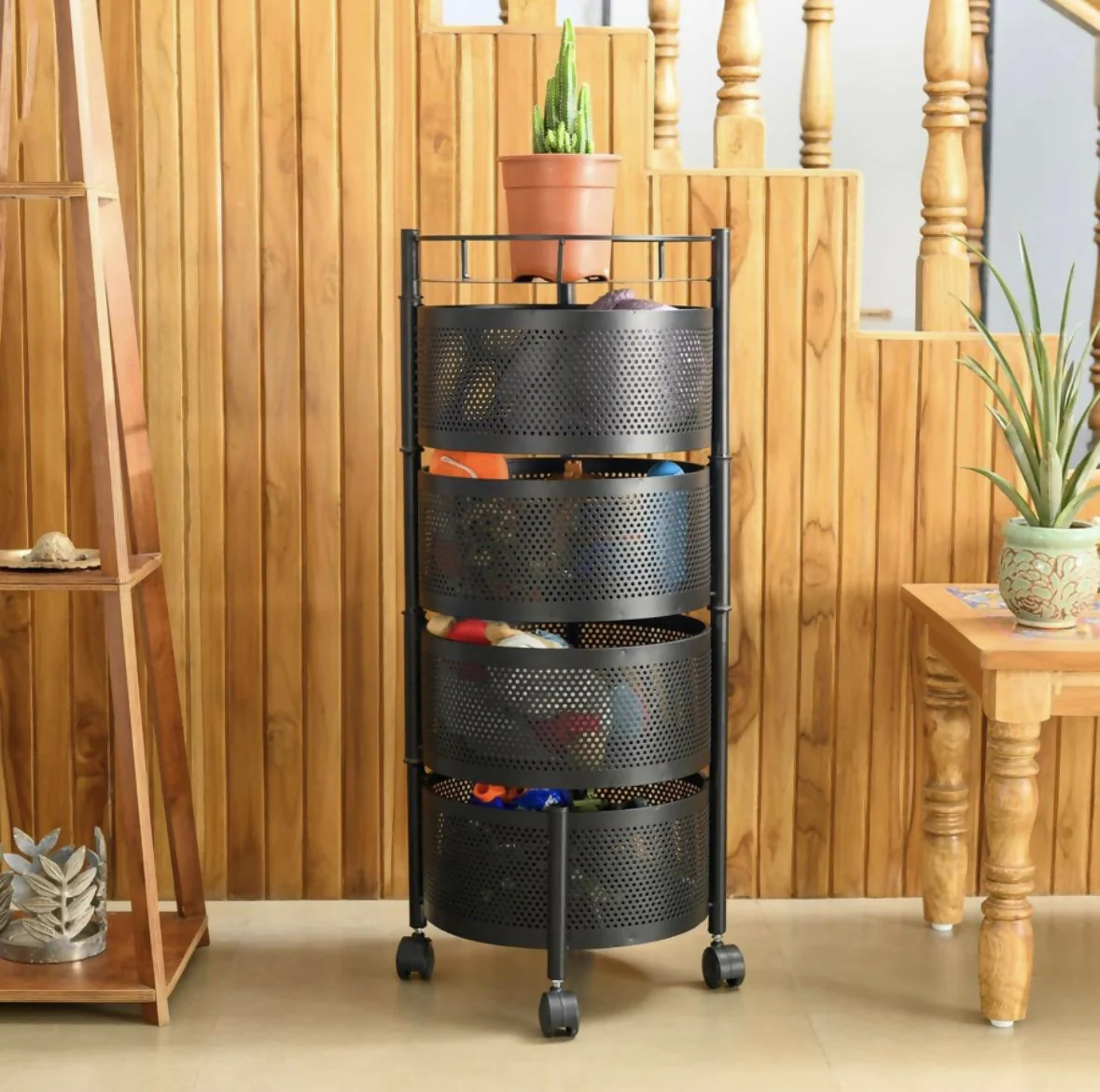 Round 4-Layer Kitchen Trolley with Rust-Resistant Mesh Baskets & 360° Swivel Wheels - Image 2