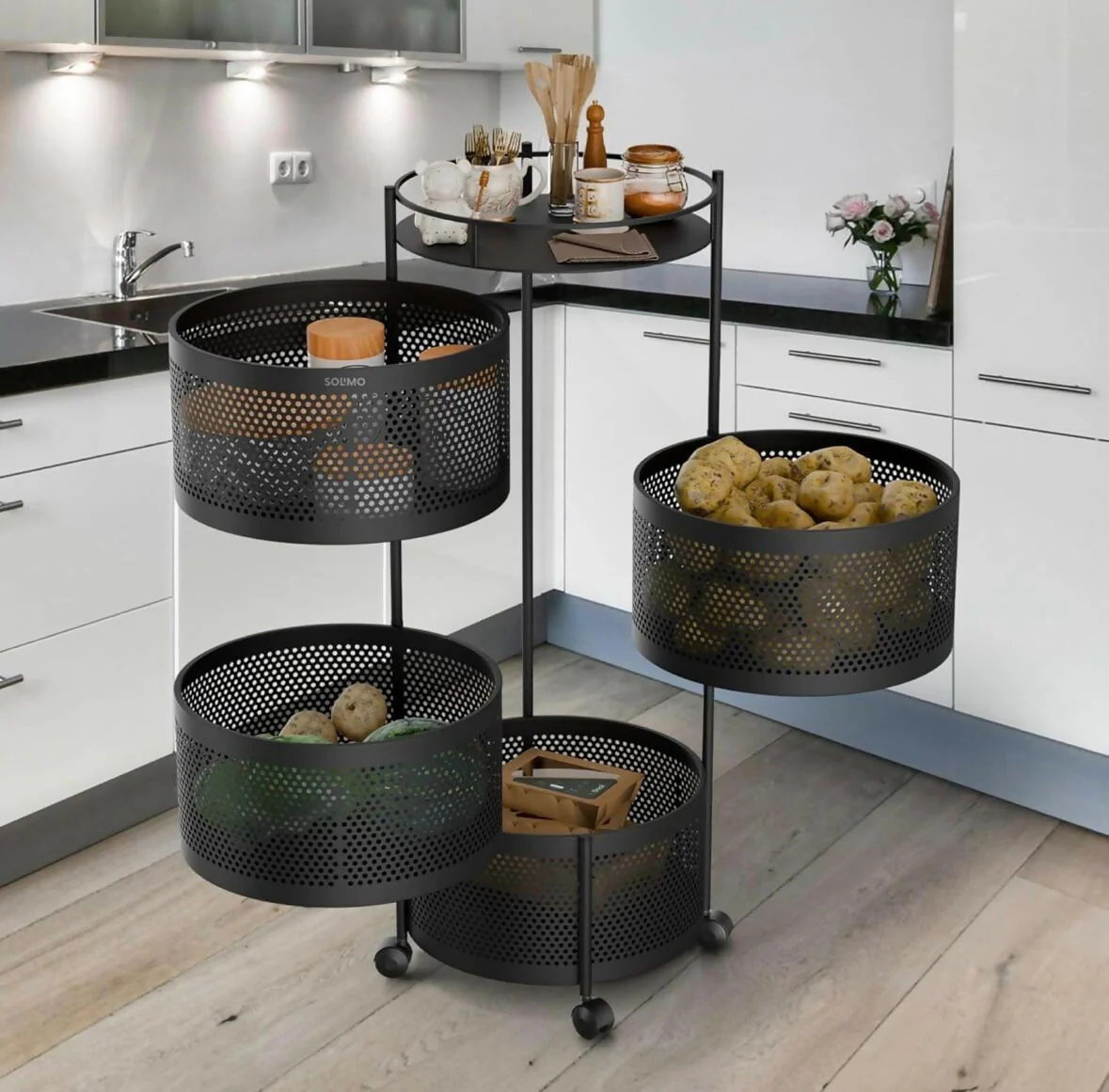 Round 4-Layer Kitchen Trolley with Rust-Resistant Mesh Baskets & 360° Swivel Wheels - Image 3