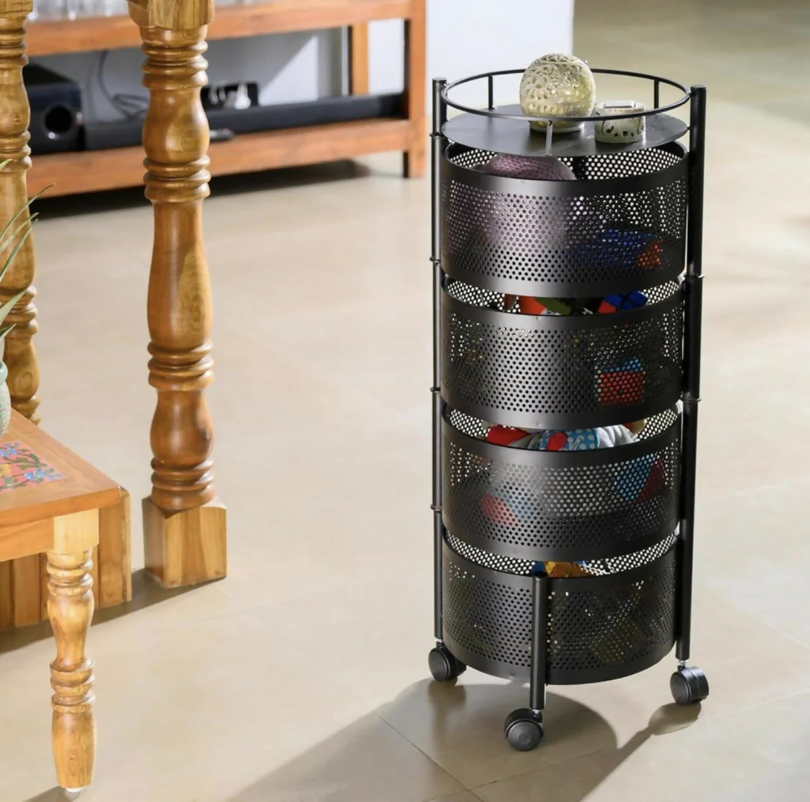 Round 4-Layer Kitchen Trolley with Rust-Resistant Mesh Baskets & 360° Swivel Wheels - Image 4