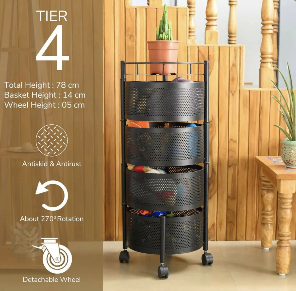 Round 4-Layer Kitchen Trolley with Rust-Resistant Mesh Baskets & 360° Swivel Wheels - Image 6