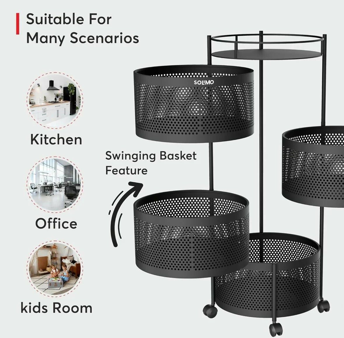 Round 4-Layer Kitchen Trolley with Rust-Resistant Mesh Baskets & 360° Swivel Wheels - Image 7