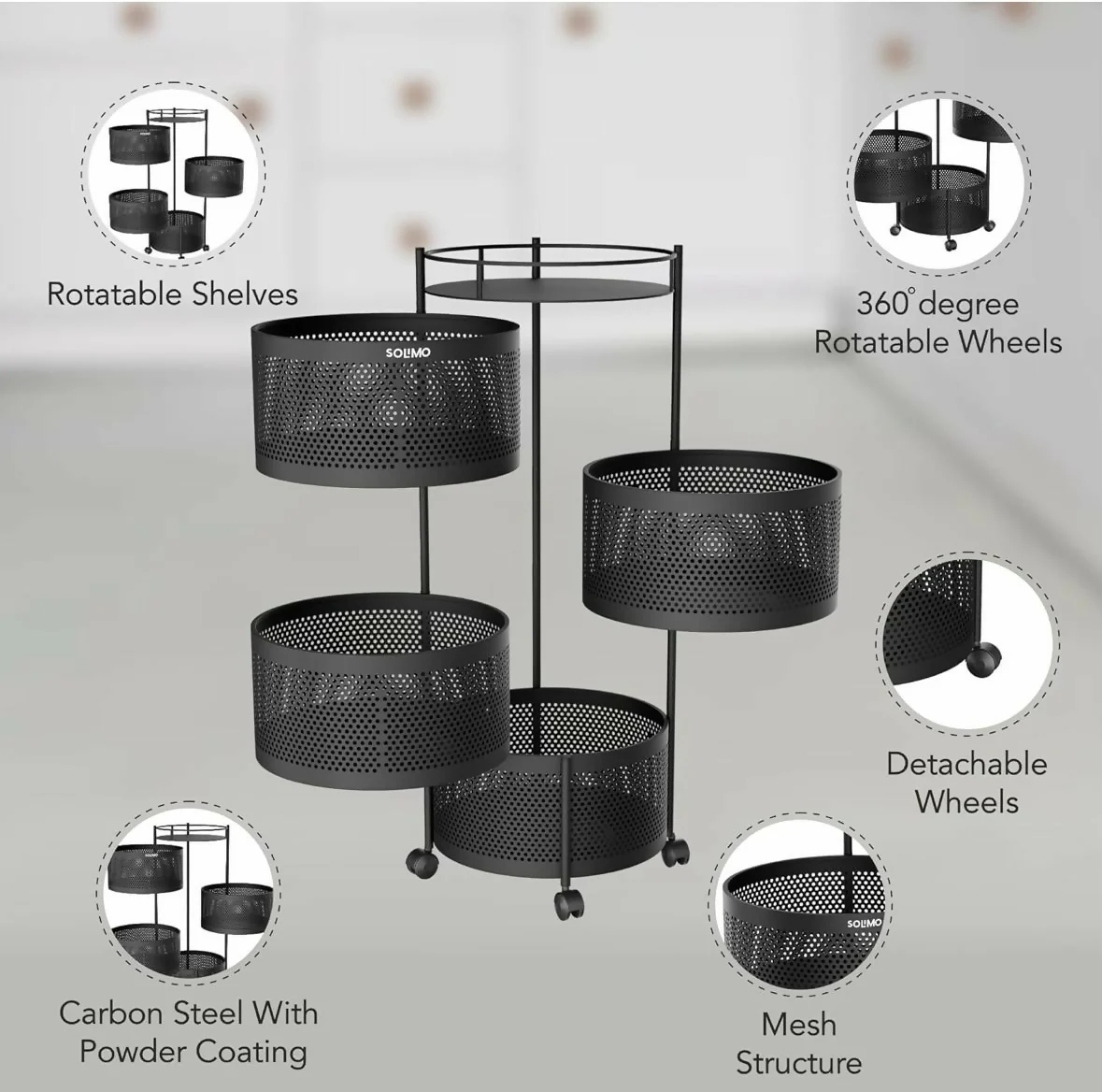 Round 4-Layer Kitchen Trolley with Rust-Resistant Mesh Baskets & 360° Swivel Wheels - Image 8