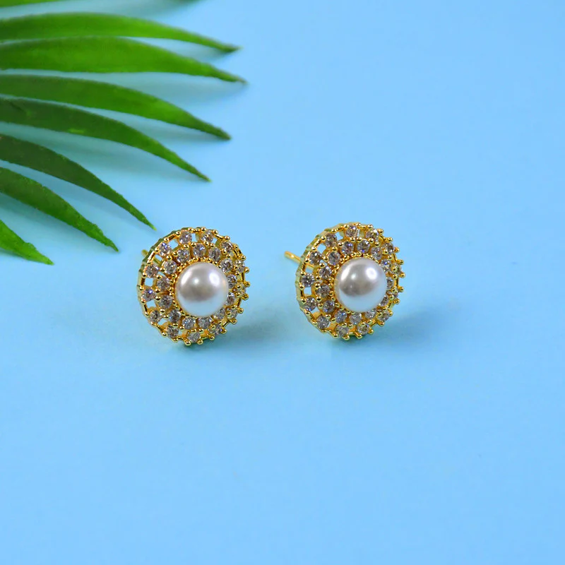 Round Pearl Stud Earrings with Crystal Border and Gold Finish for Women - Image 2