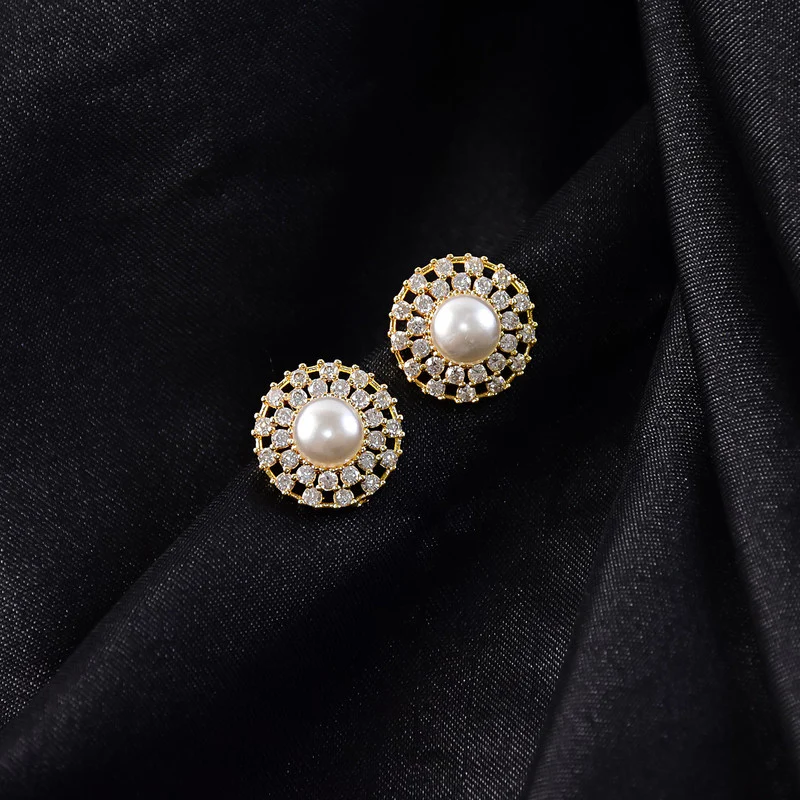 Round Pearl Stud Earrings with Crystal Border and Gold Finish for Women - Image 3