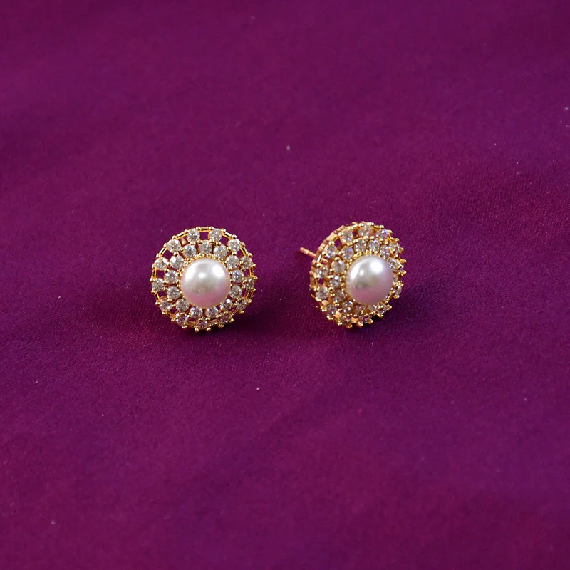 Round Pearl Stud Earrings with Crystal Border and Gold Finish for Women - Image 4