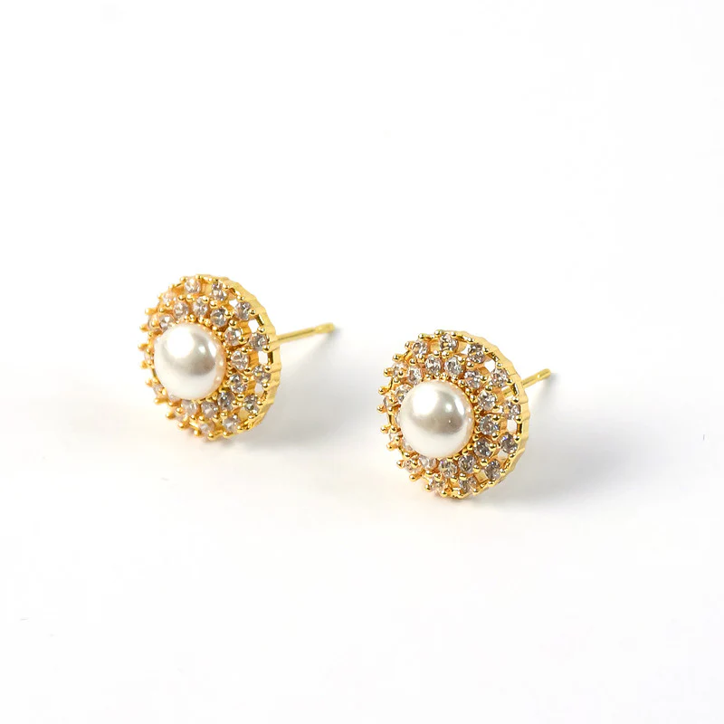 Round Pearl Stud Earrings with Crystal Border and Gold Finish for Women - Image 5