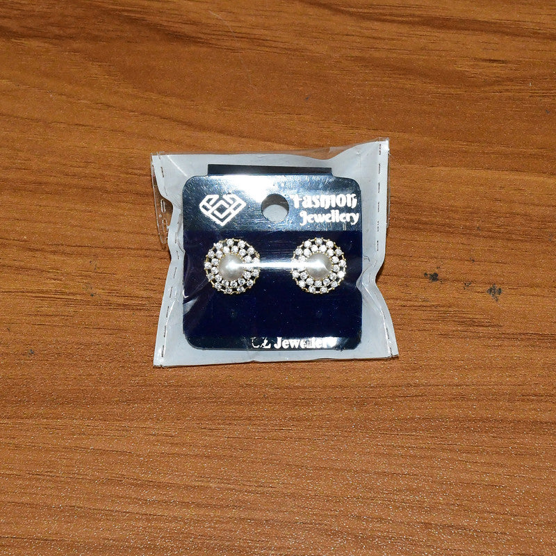 Round Pearl Stud Earrings with Crystal Border and Gold Finish for Women - Image 6
