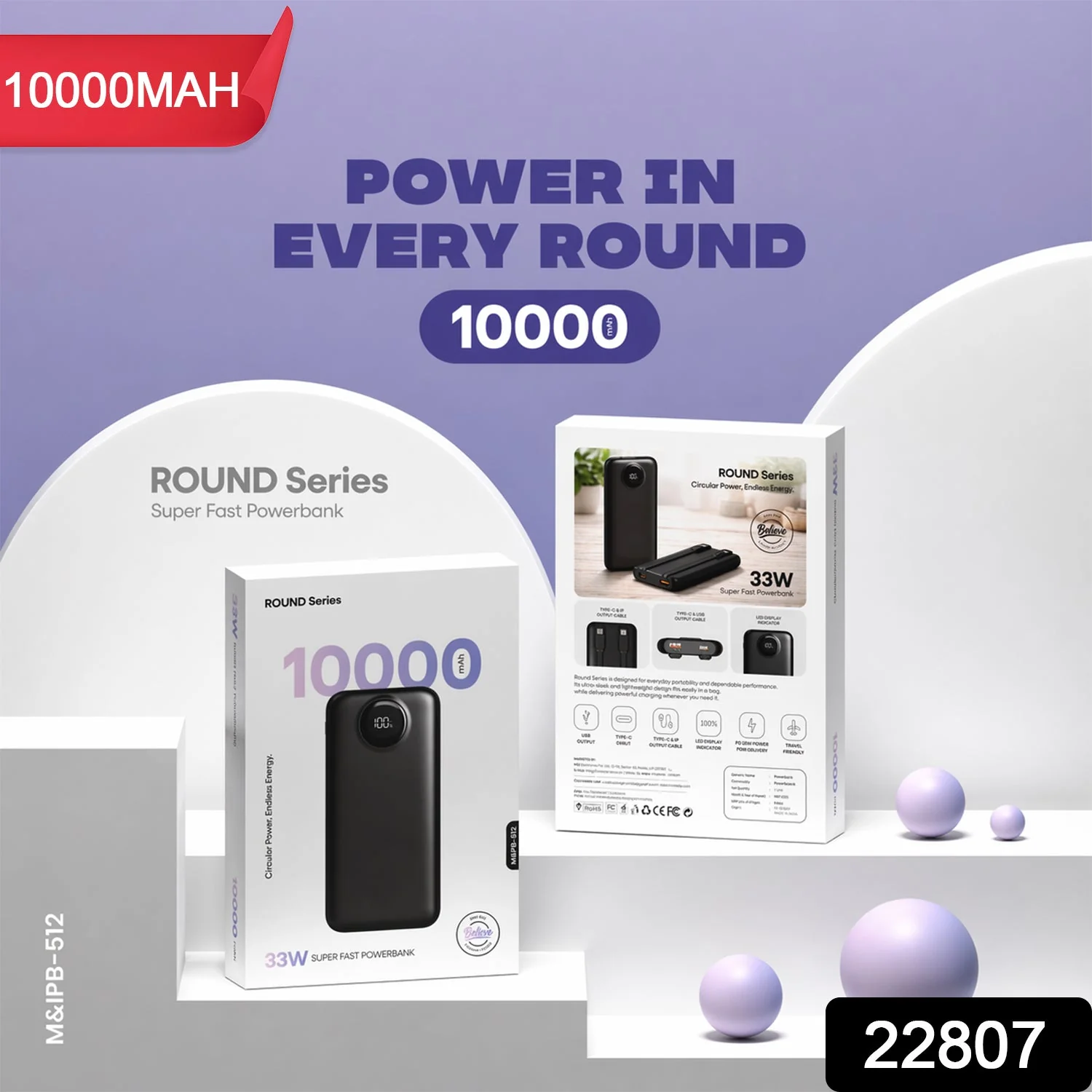 Round Series 10000mAh Super Fast Charging Power Bank, Powerbank (1 Pc, 33W) - Image 2