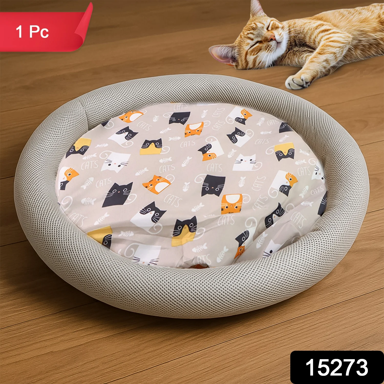 Round Soft Plush Cat Bed with Cartoon Cat Print Cushion  1 Pc - Image 2