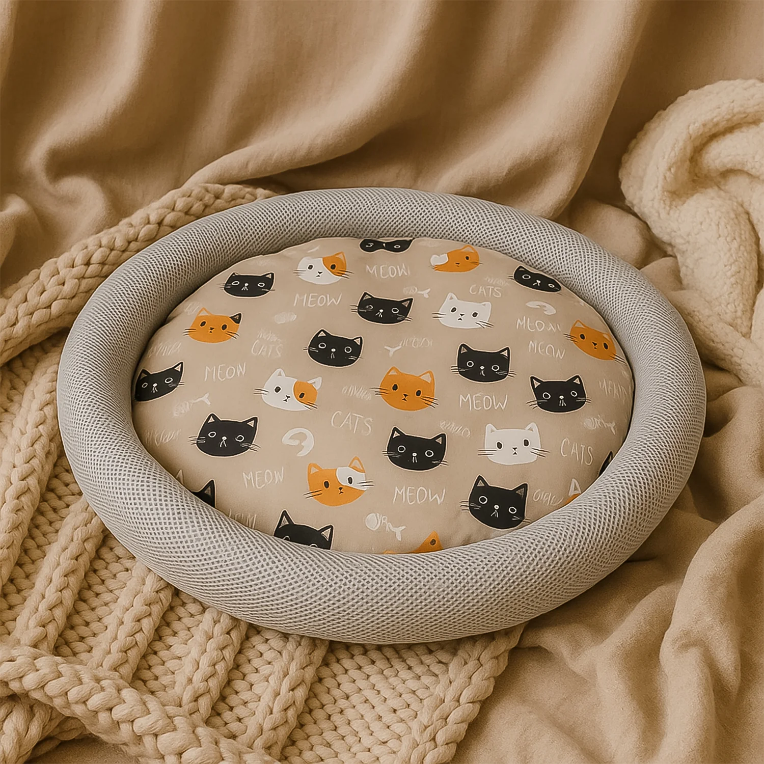 Round Soft Plush Cat Bed with Cartoon Cat Print Cushion  1 Pc - Image 3