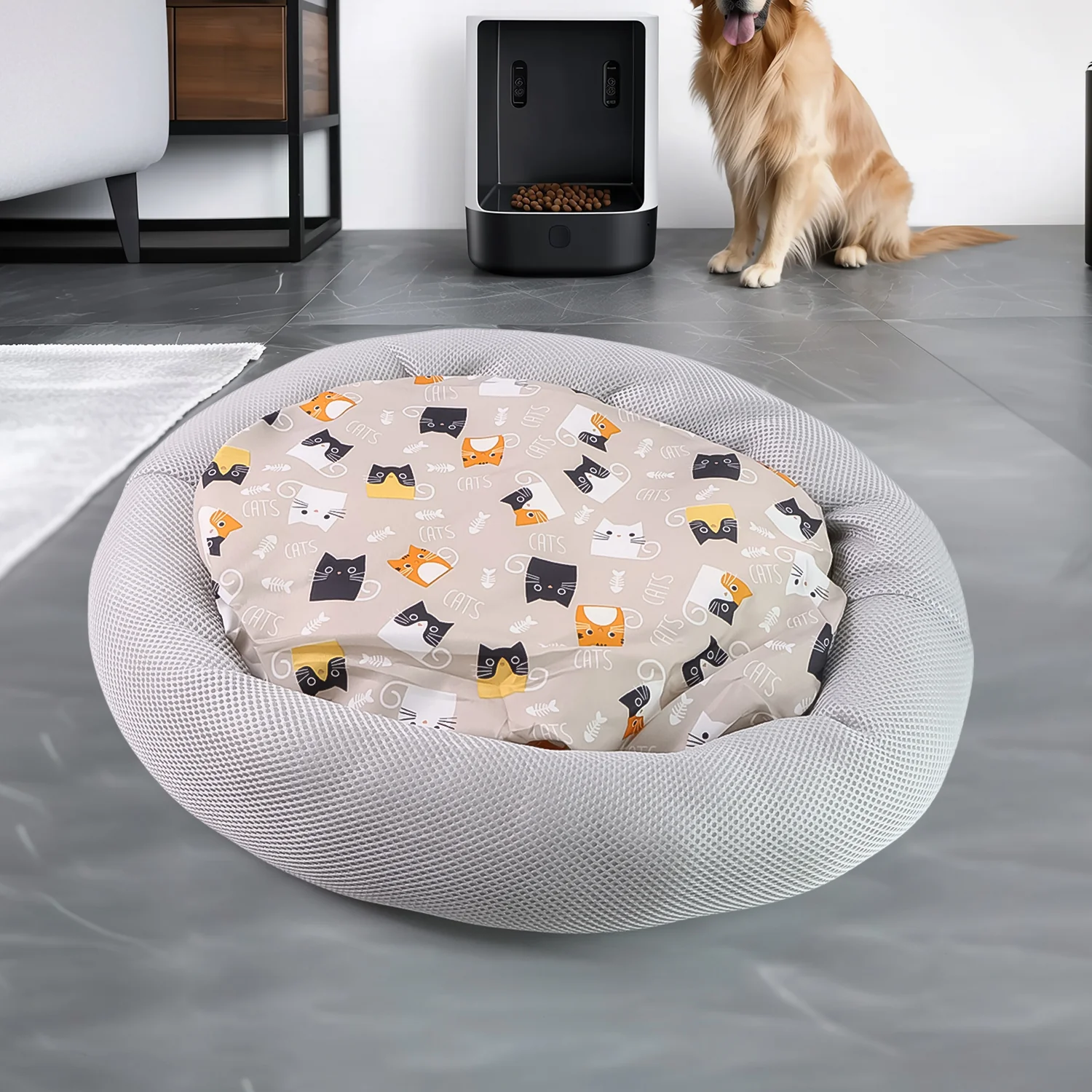Round Soft Plush Cat Bed with Cartoon Cat Print Cushion  1 Pc - Image 4