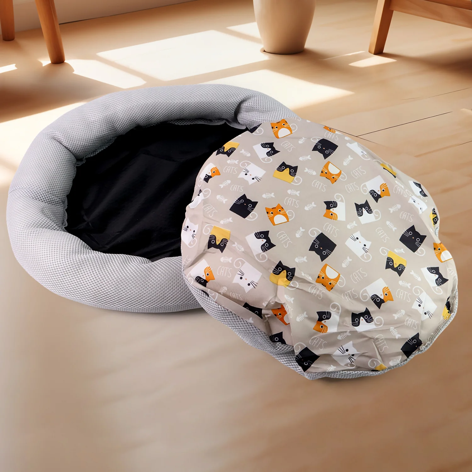 Round Soft Plush Cat Bed with Cartoon Cat Print Cushion  1 Pc - Image 6