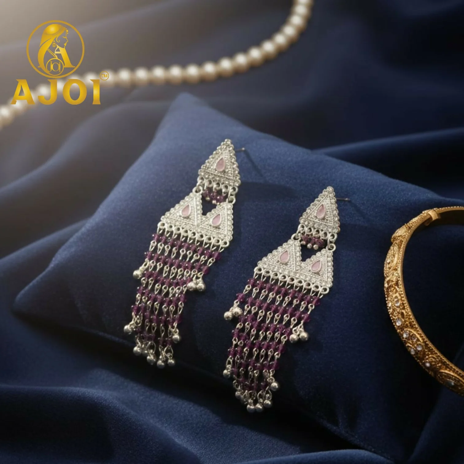 Royal Amethyst Drop Silver Designer Statement Earrings with Elegant Tassel Finish - Image 3